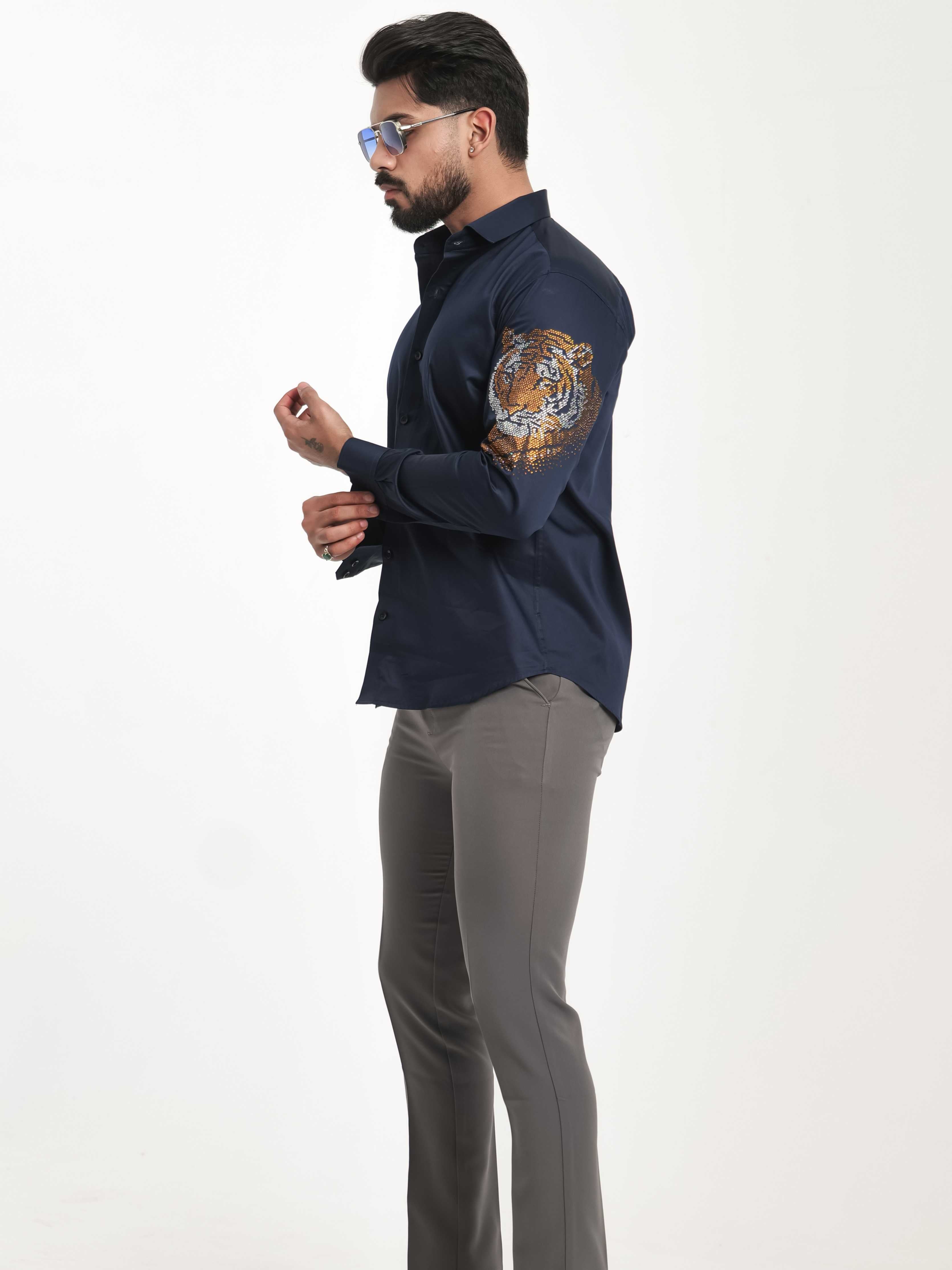 FOOMER NAVY STARRY BEADED TIGER CLUB WEAR SATIN COTTON SHIRT FOR MEN'S