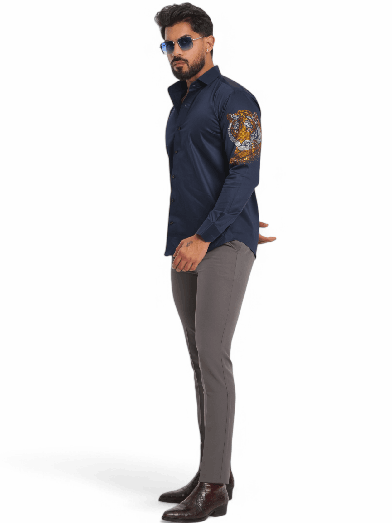 FOOMER NAVY STARRY BEADED TIGER CLUB WEAR SATIN COTTON SHIRT FOR MEN'S