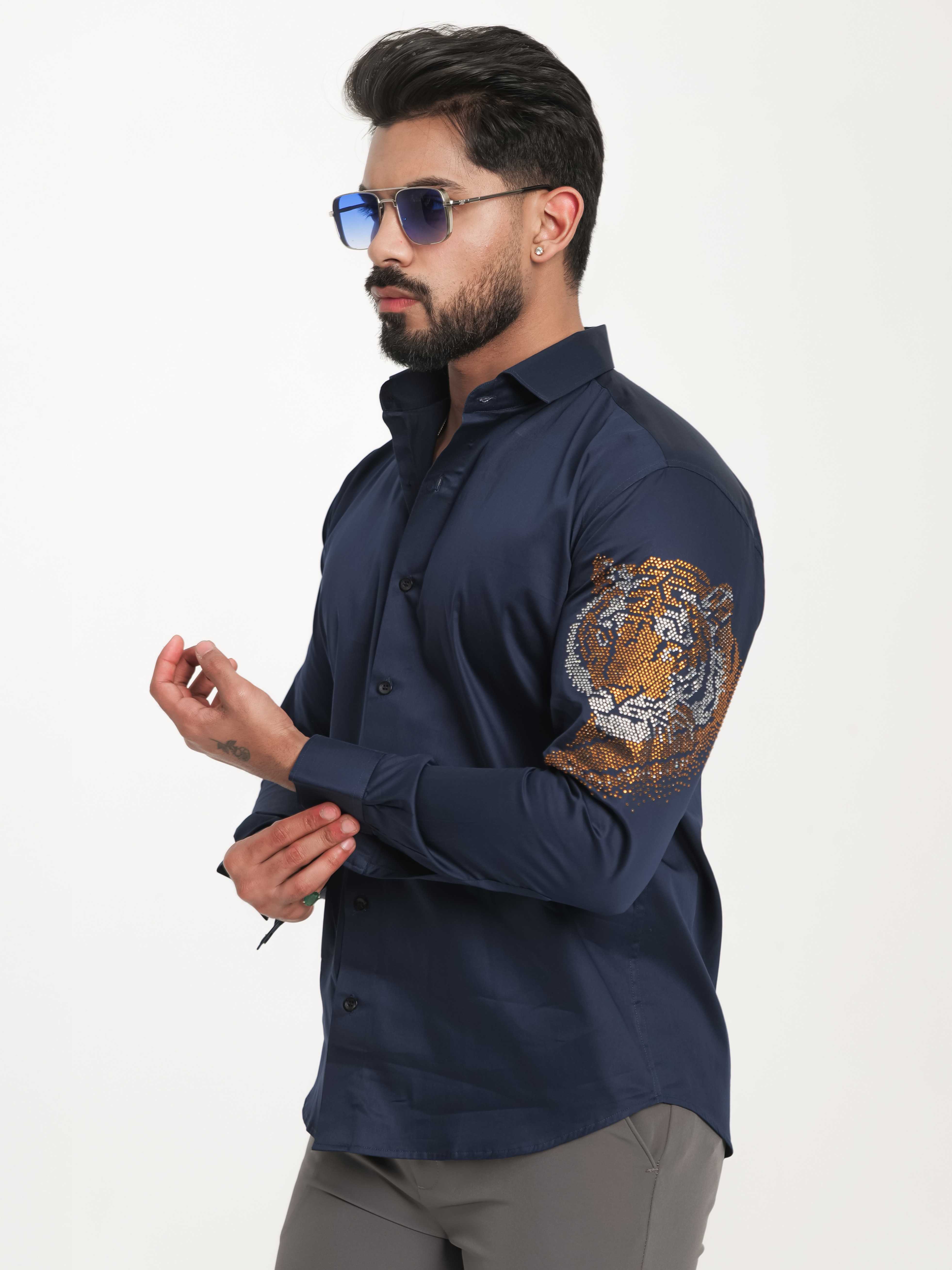 FOOMER NAVY STARRY BEADED TIGER CLUB WEAR SATIN COTTON SHIRT FOR MEN'S