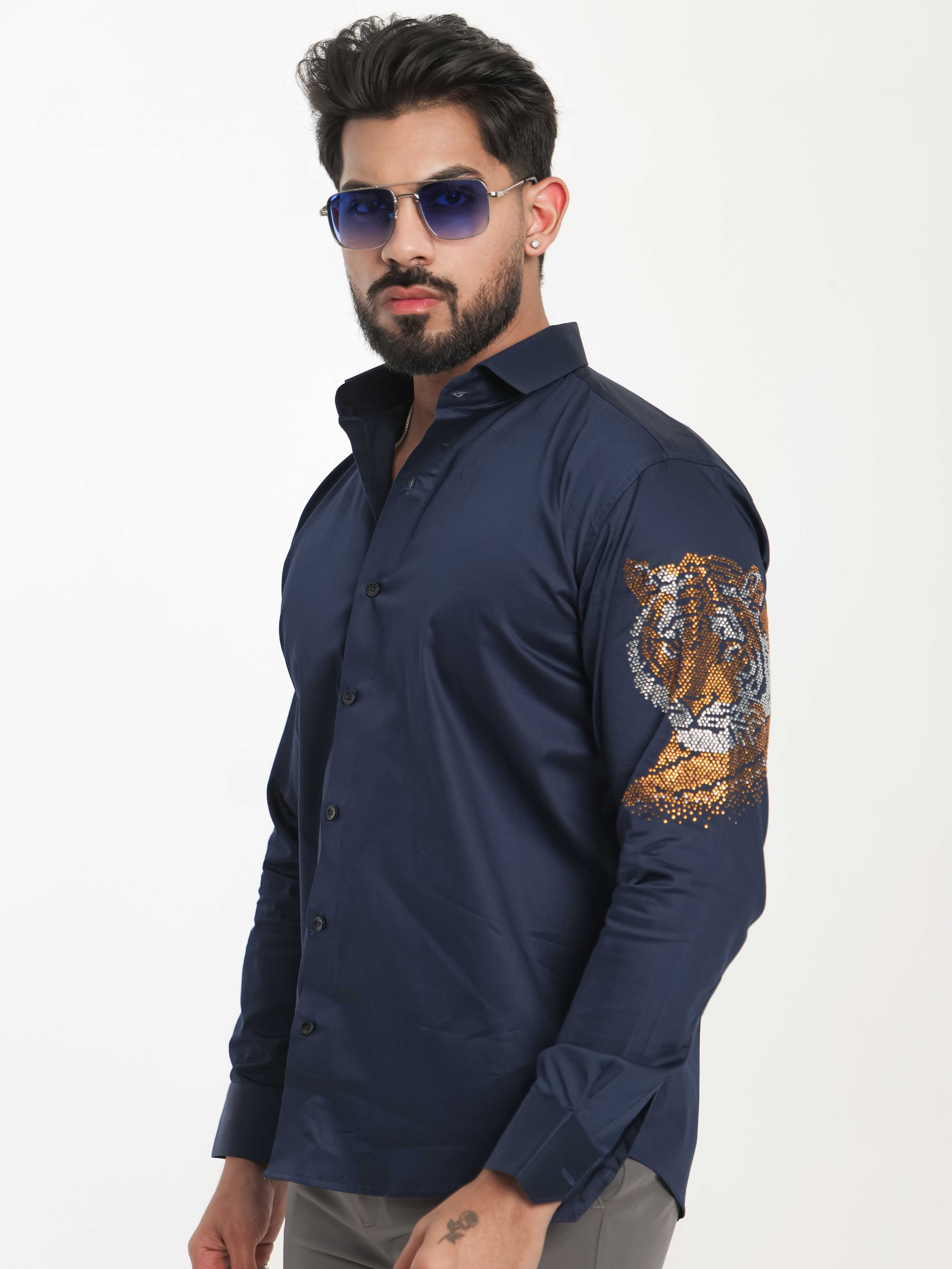 FOOMER NAVY STARRY BEADED TIGER CLUB WEAR SATIN COTTON SHIRT FOR MEN'S