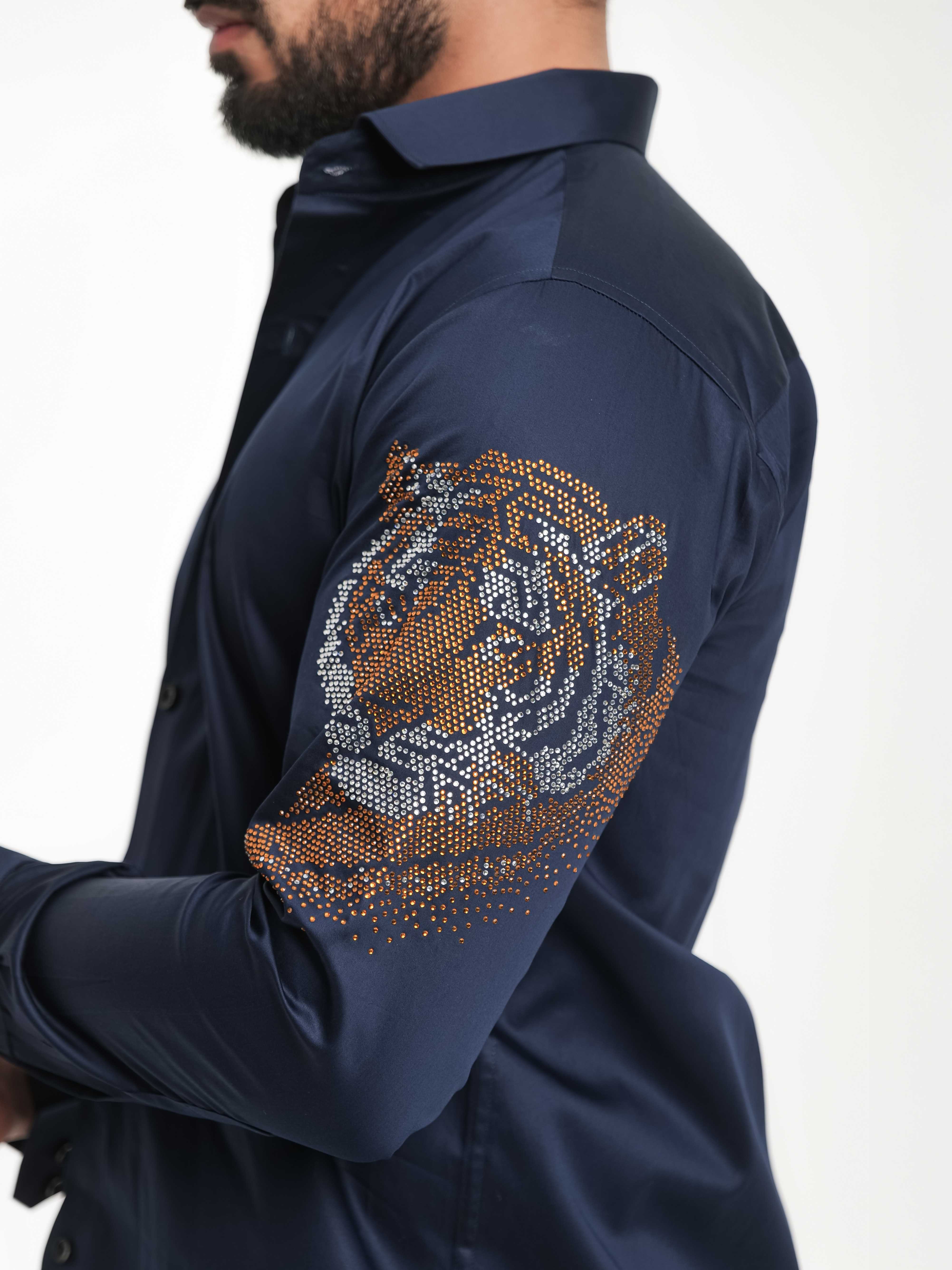 FOOMER NAVY STARRY BEADED TIGER CLUB WEAR SATIN COTTON SHIRT FOR MEN'S