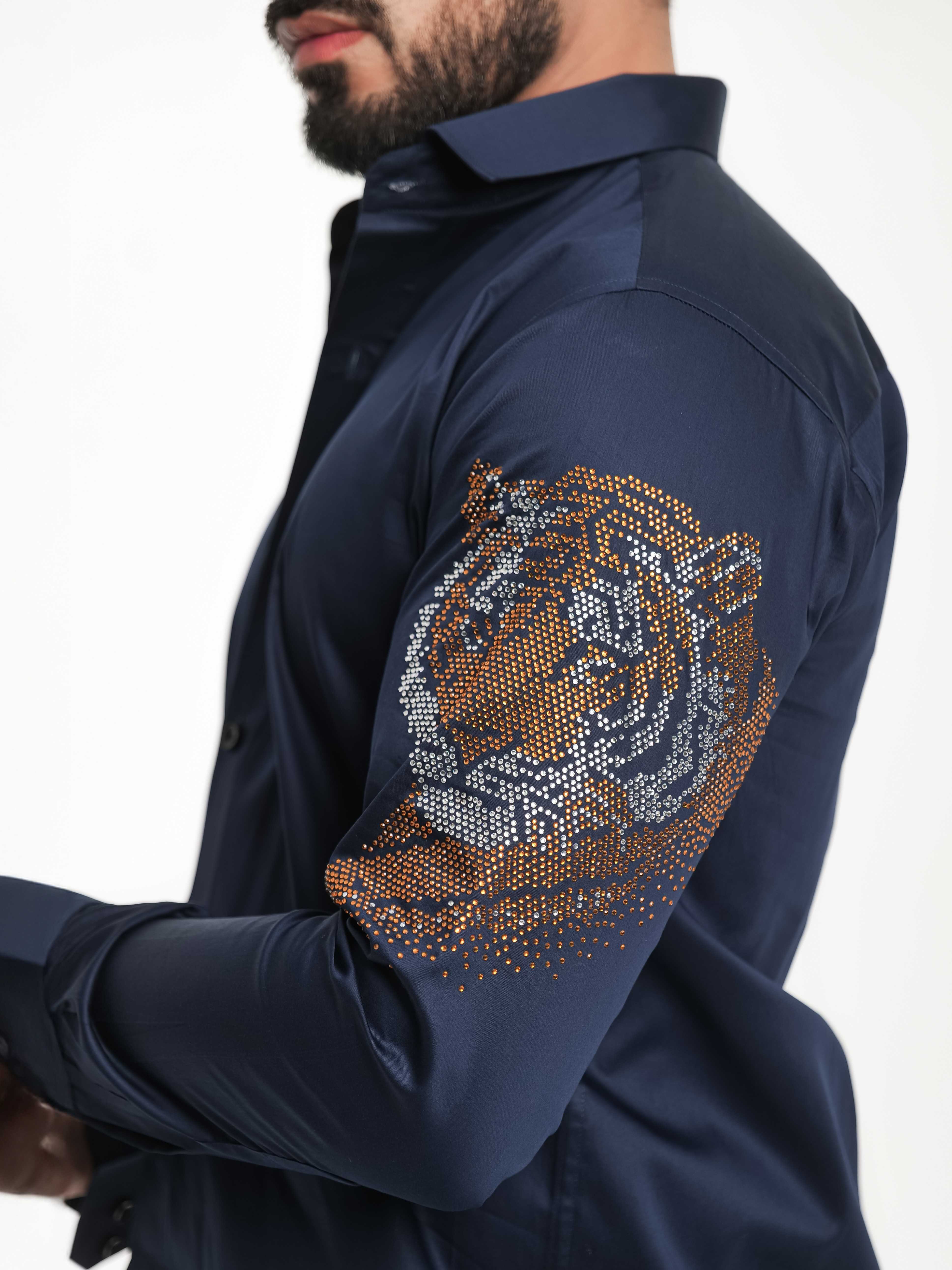 FOOMER NAVY STARRY BEADED TIGER CLUB WEAR SATIN COTTON SHIRT FOR MEN'S