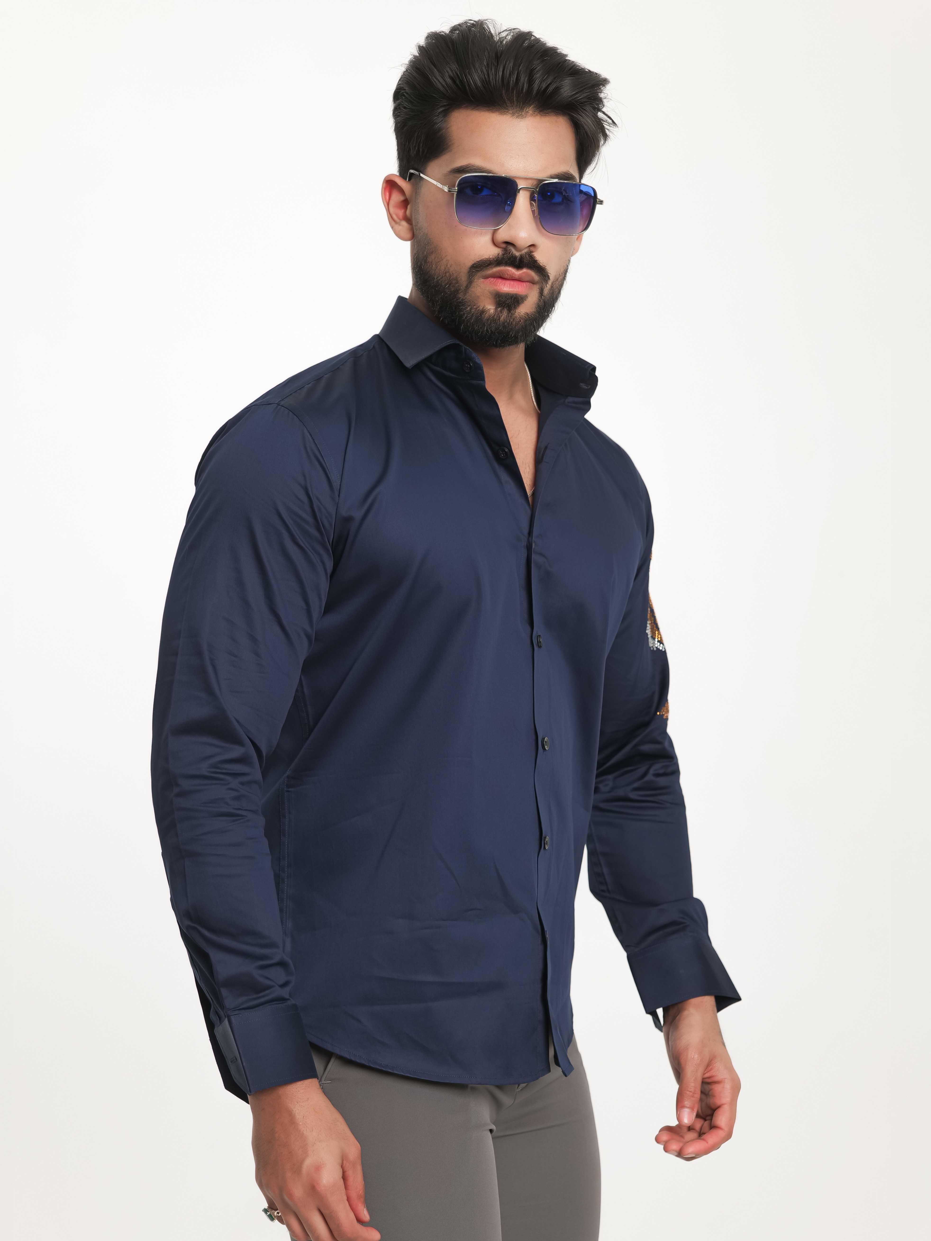FOOMER NAVY STARRY BEADED TIGER CLUB WEAR SATIN COTTON SHIRT FOR MEN'S