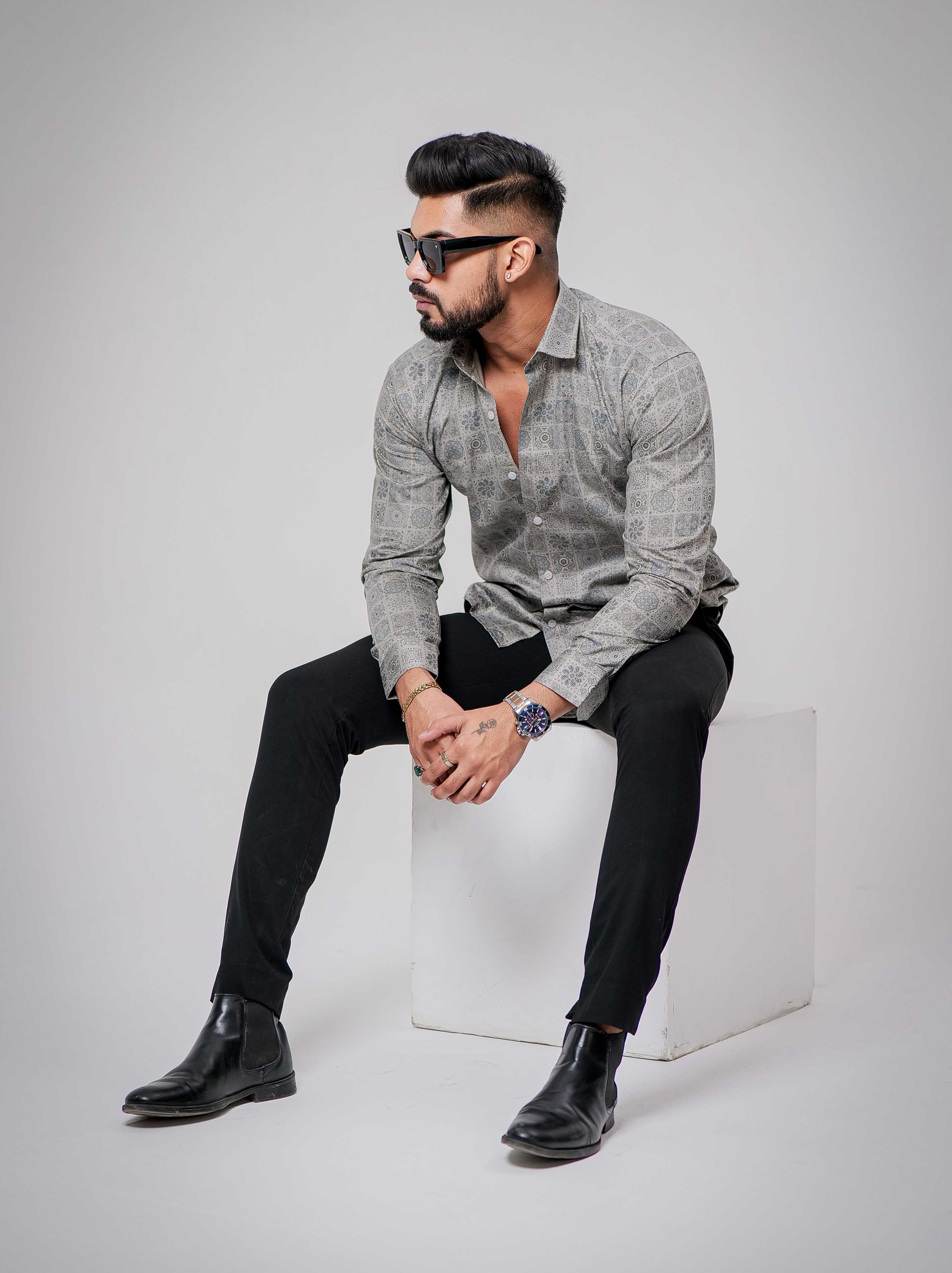 Grey Satin Black Print Premium Shirt The Foomer