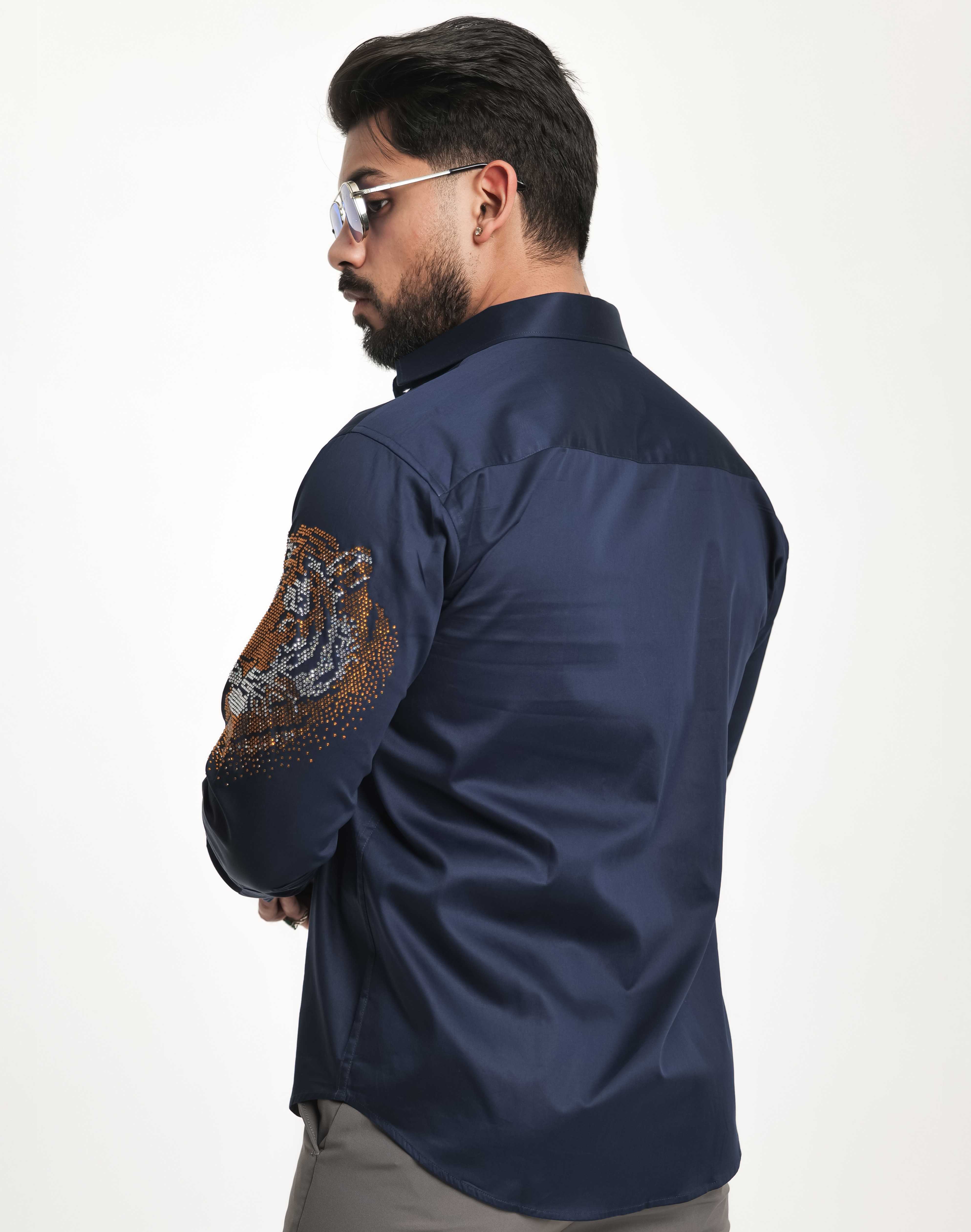 FOOMER NAVY STARRY BEADED TIGER CLUB WEAR SATIN COTTON SHIRT FOR MEN'S