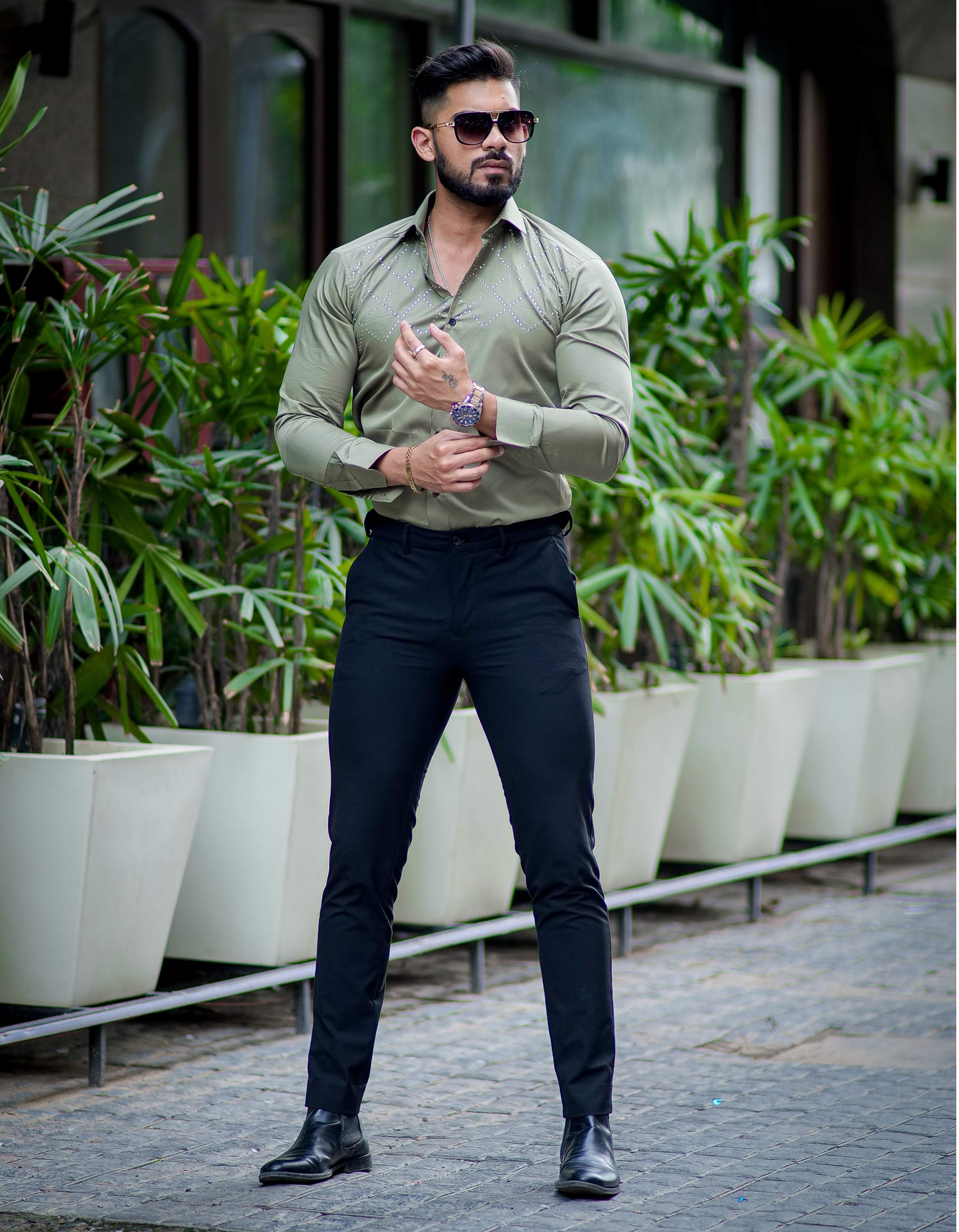 Starry Beaded Green Premium Cotton Shirt