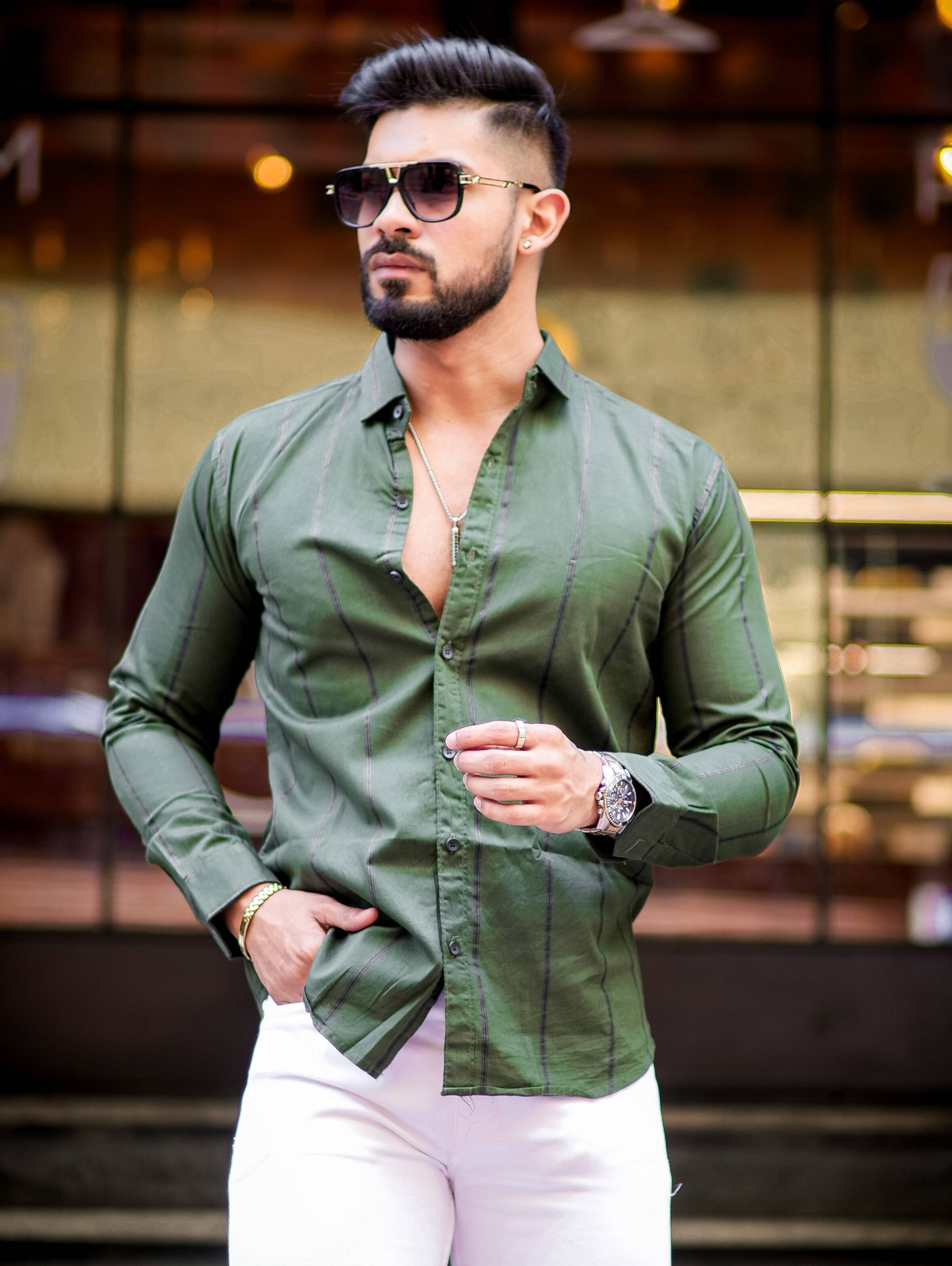 Green Stripe Printed Cotton Shirt For Men’s – The Foomer