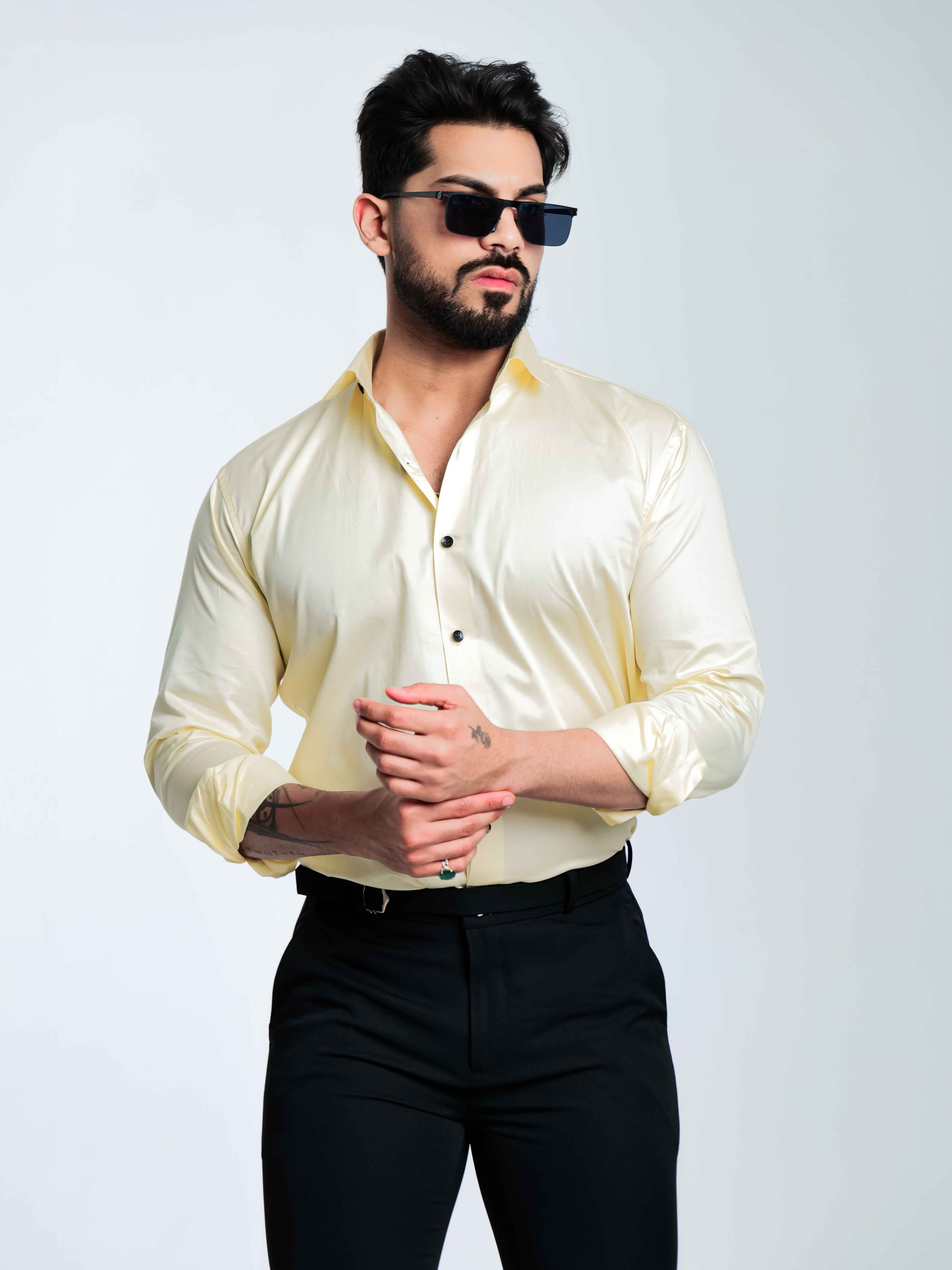 FOOMER FORMY LIGHT YELLOW LUXURY SATIN SHIRT FOR MEN'S