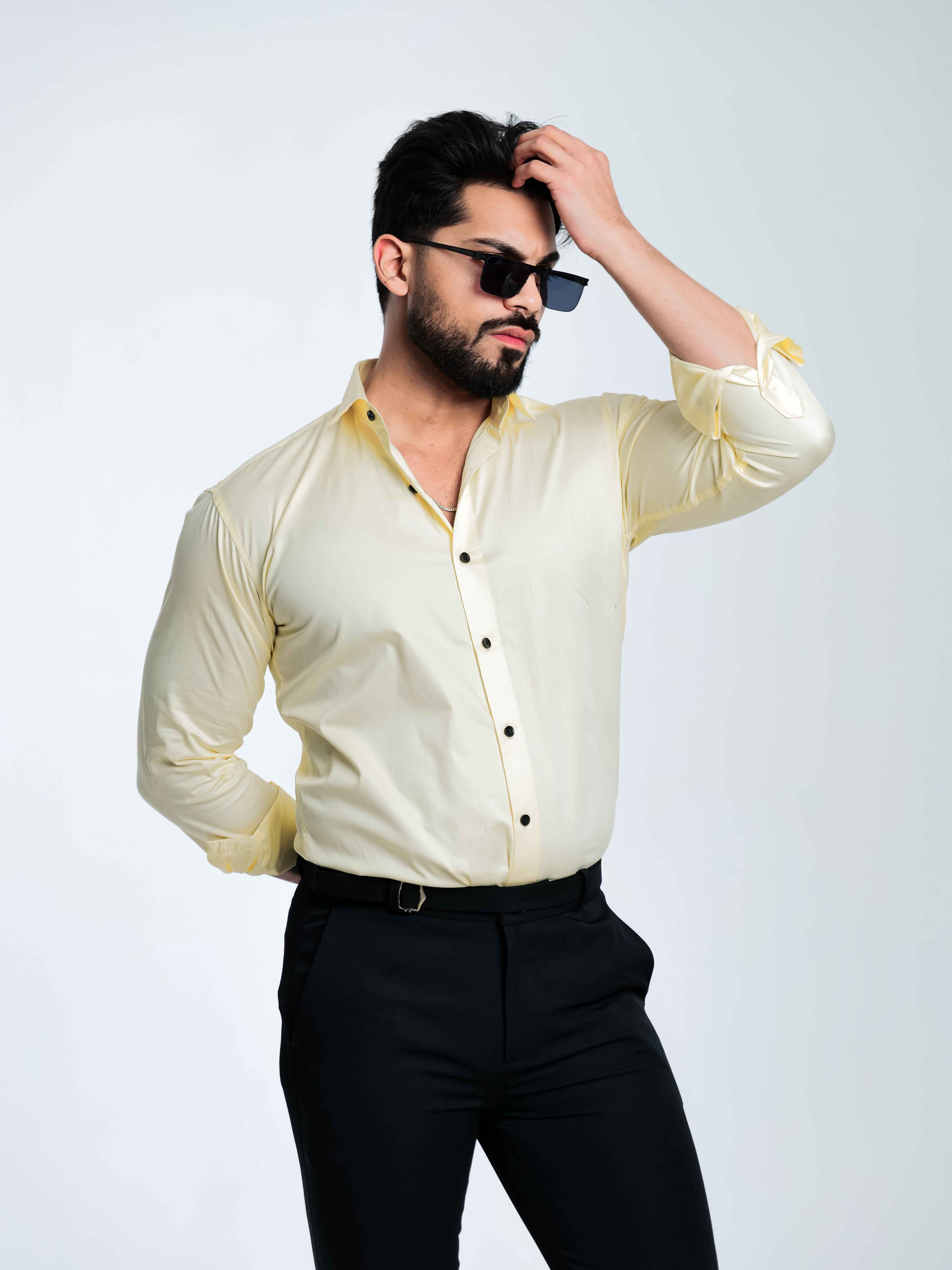 FOOMER FORMY LIGHT YELLOW LUXURY SATIN SHIRT FOR MEN'S