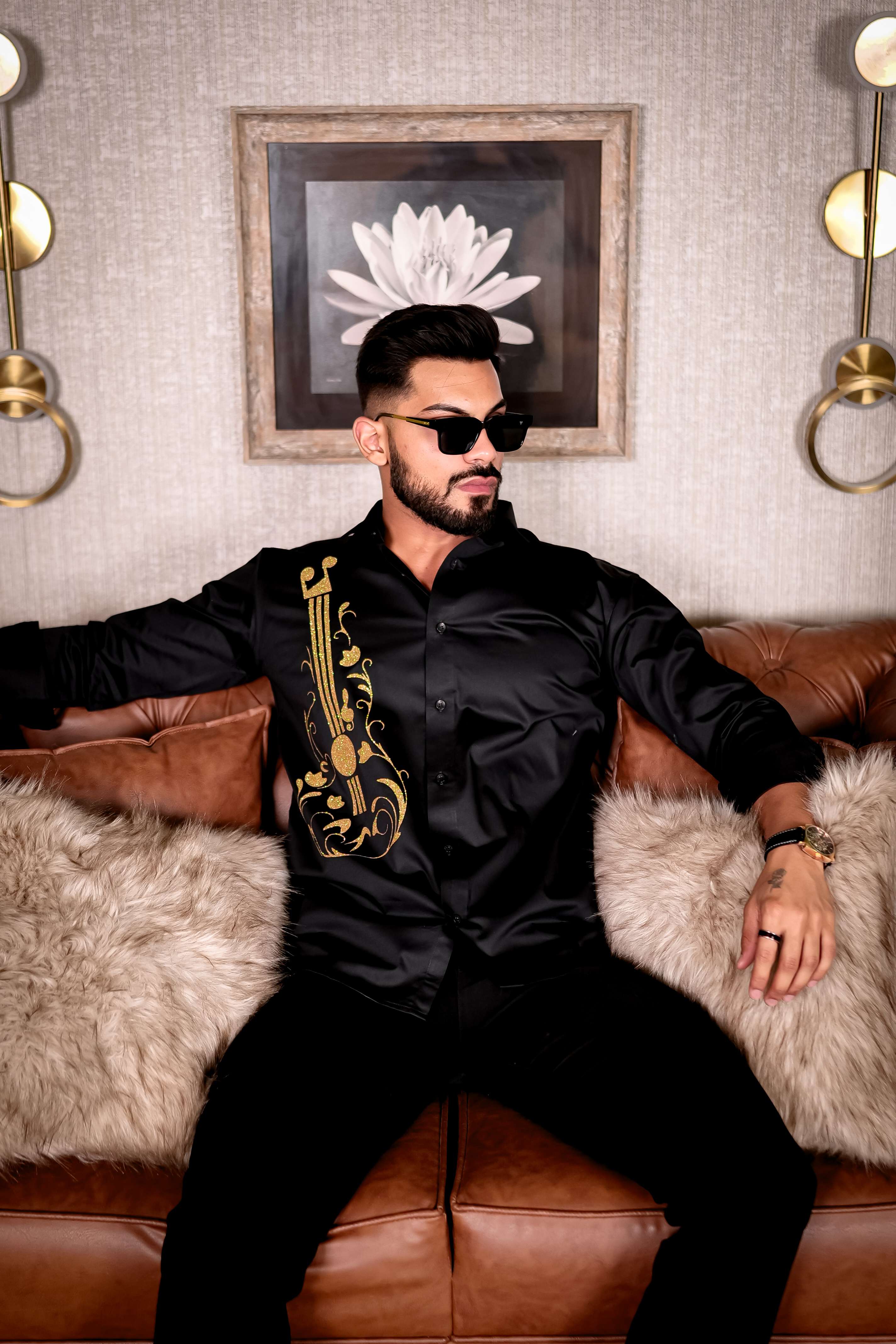 Guitar Black Club Wear Printed Satin Cotton Shirt