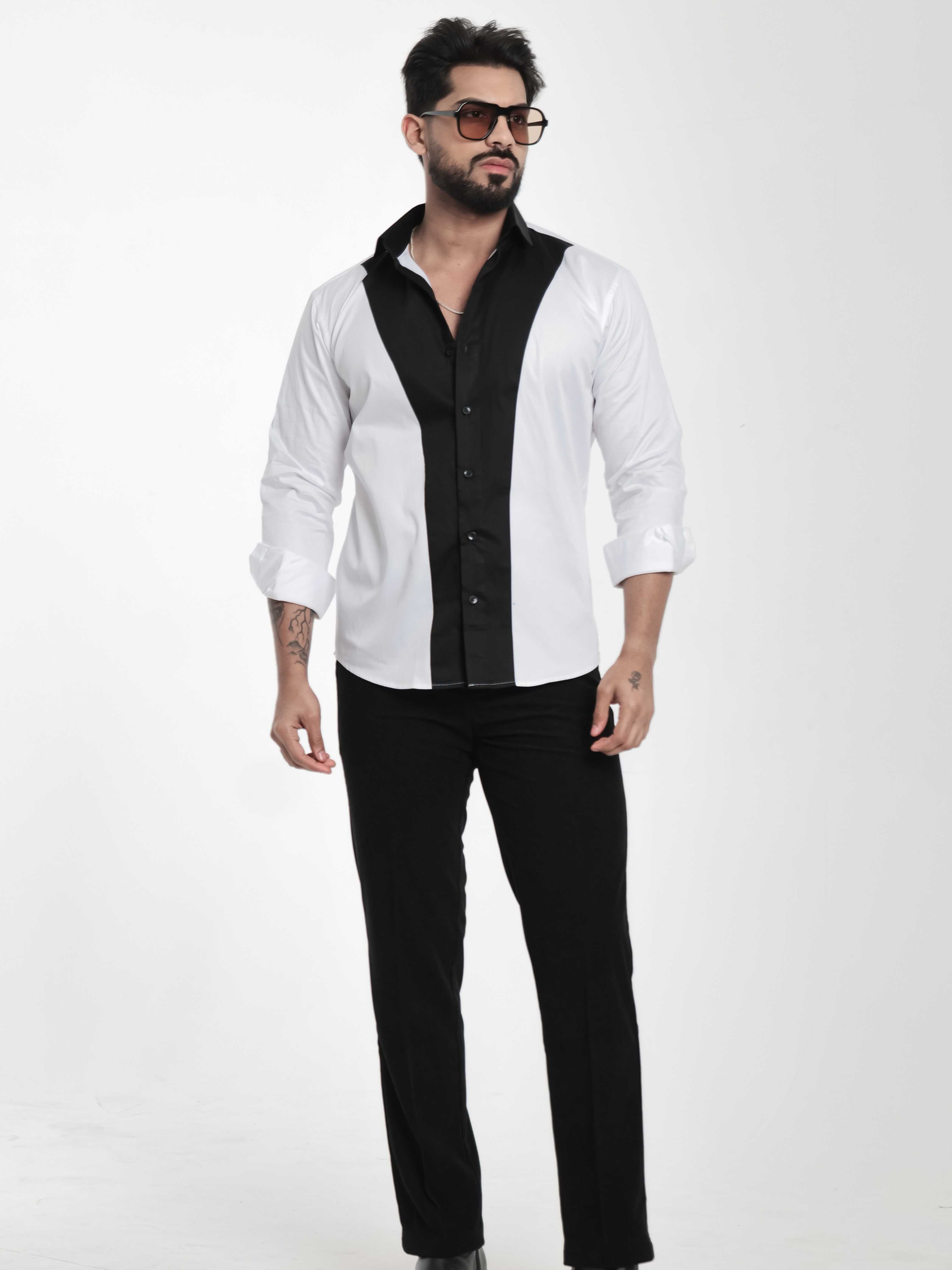 FOOMER WHITE AND BLACK CUT N SEW DESIGNER SHIRT FOR MEN'S