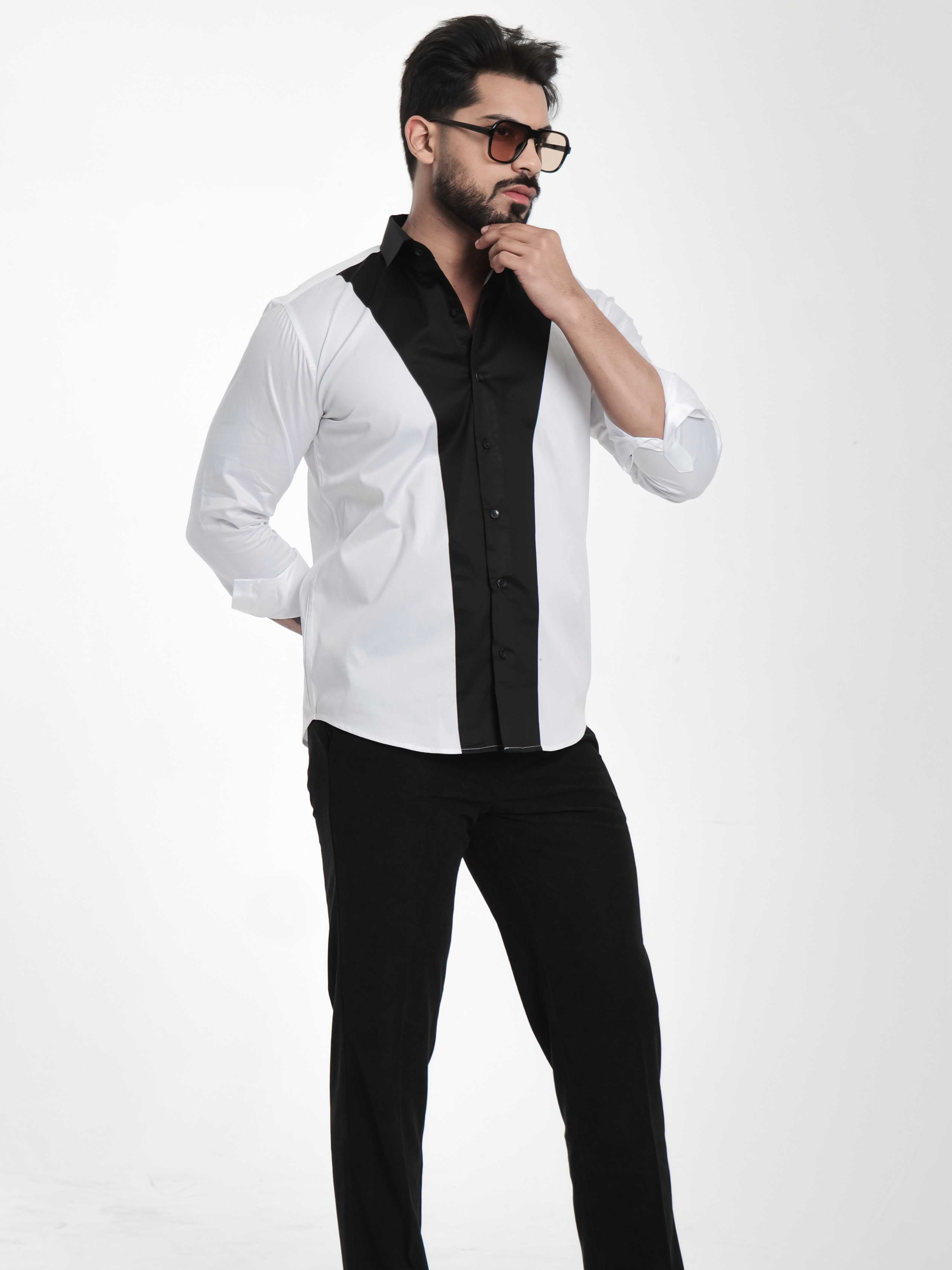 FOOMER WHITE AND BLACK CUT N SEW DESIGNER SHIRT FOR MEN'S
