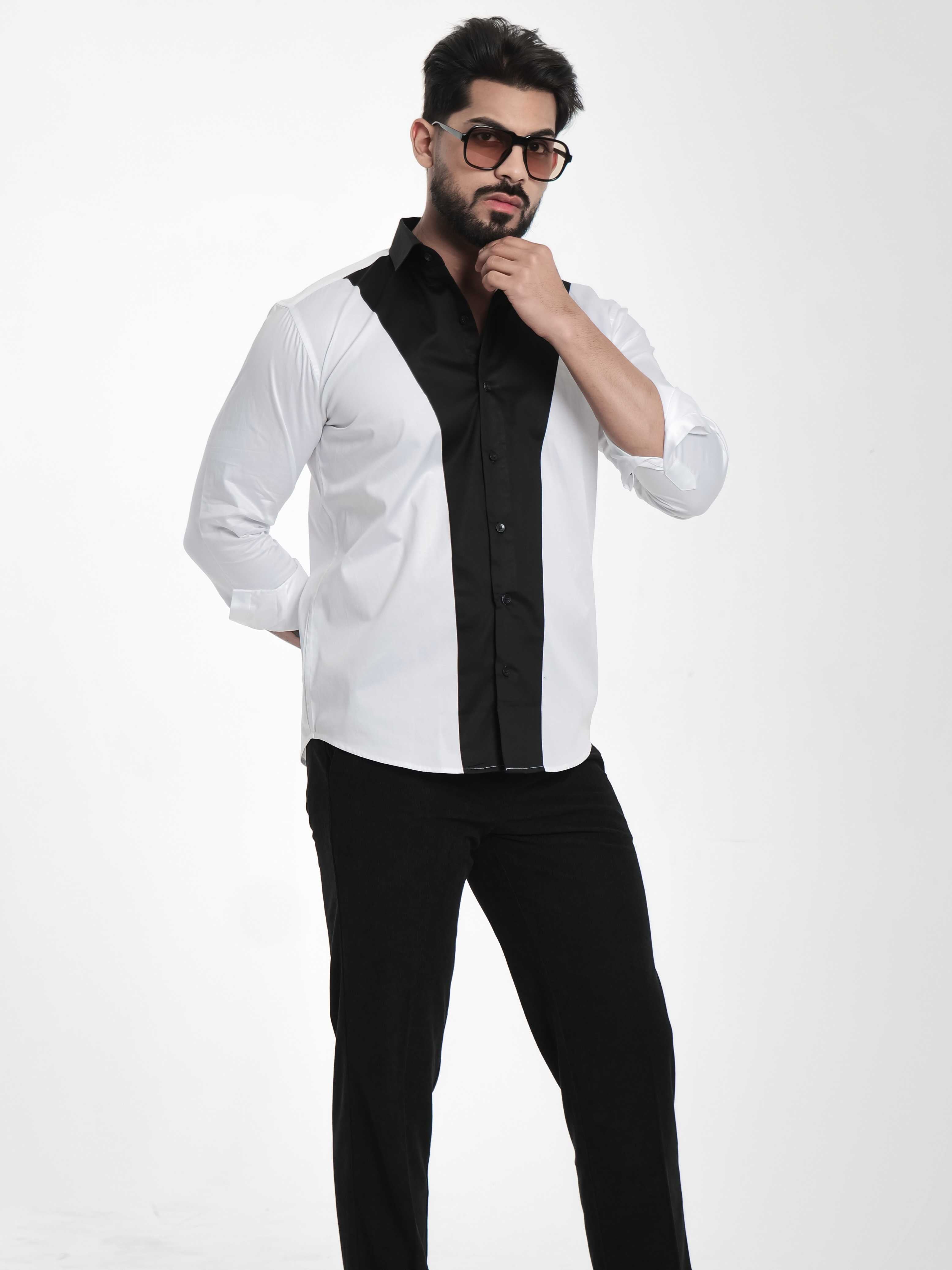 FOOMER WHITE AND BLACK CUT N SEW DESIGNER SHIRT FOR MEN'S