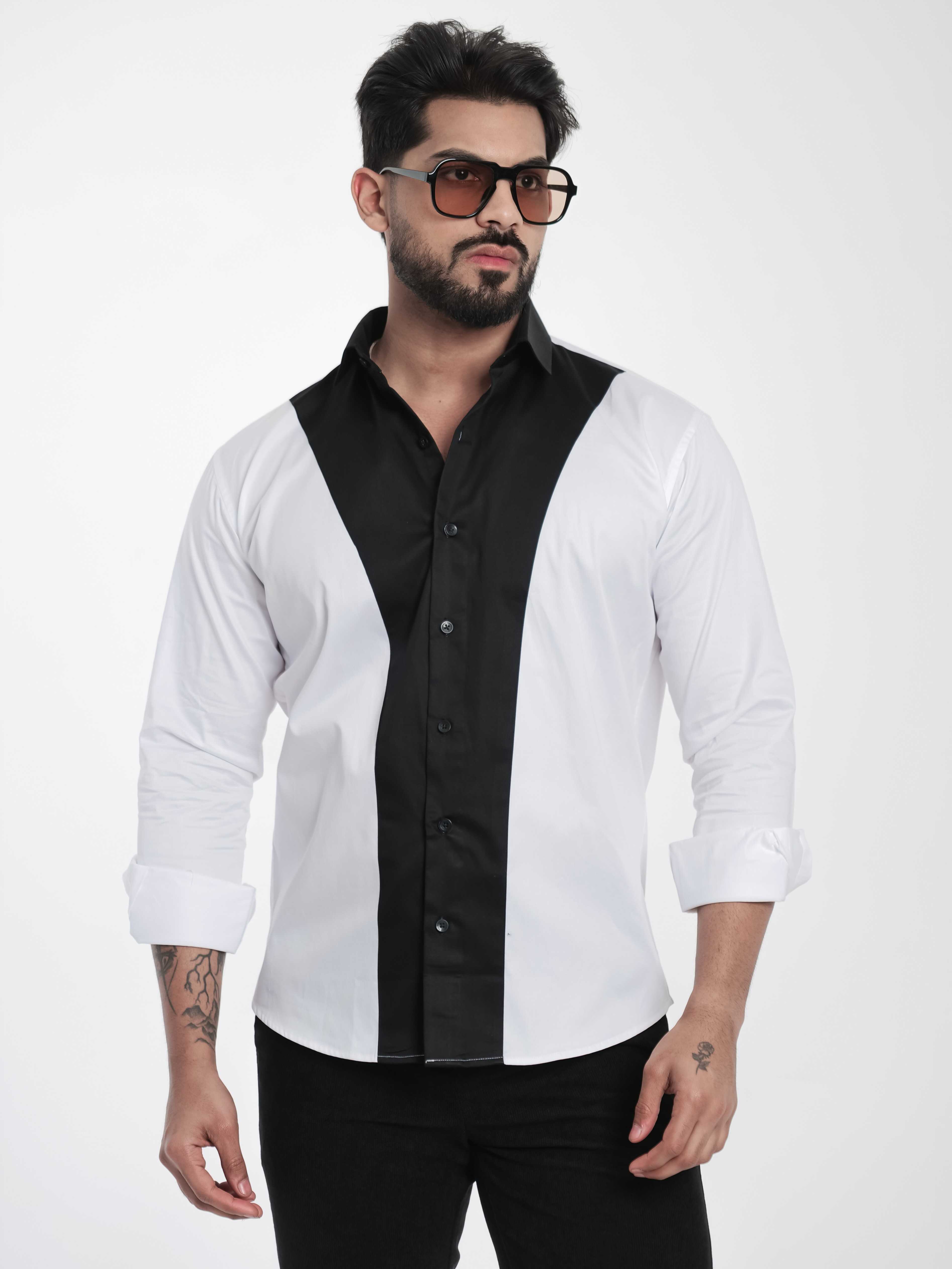 FOOMER WHITE AND BLACK CUT N SEW DESIGNER SHIRT FOR MEN'S