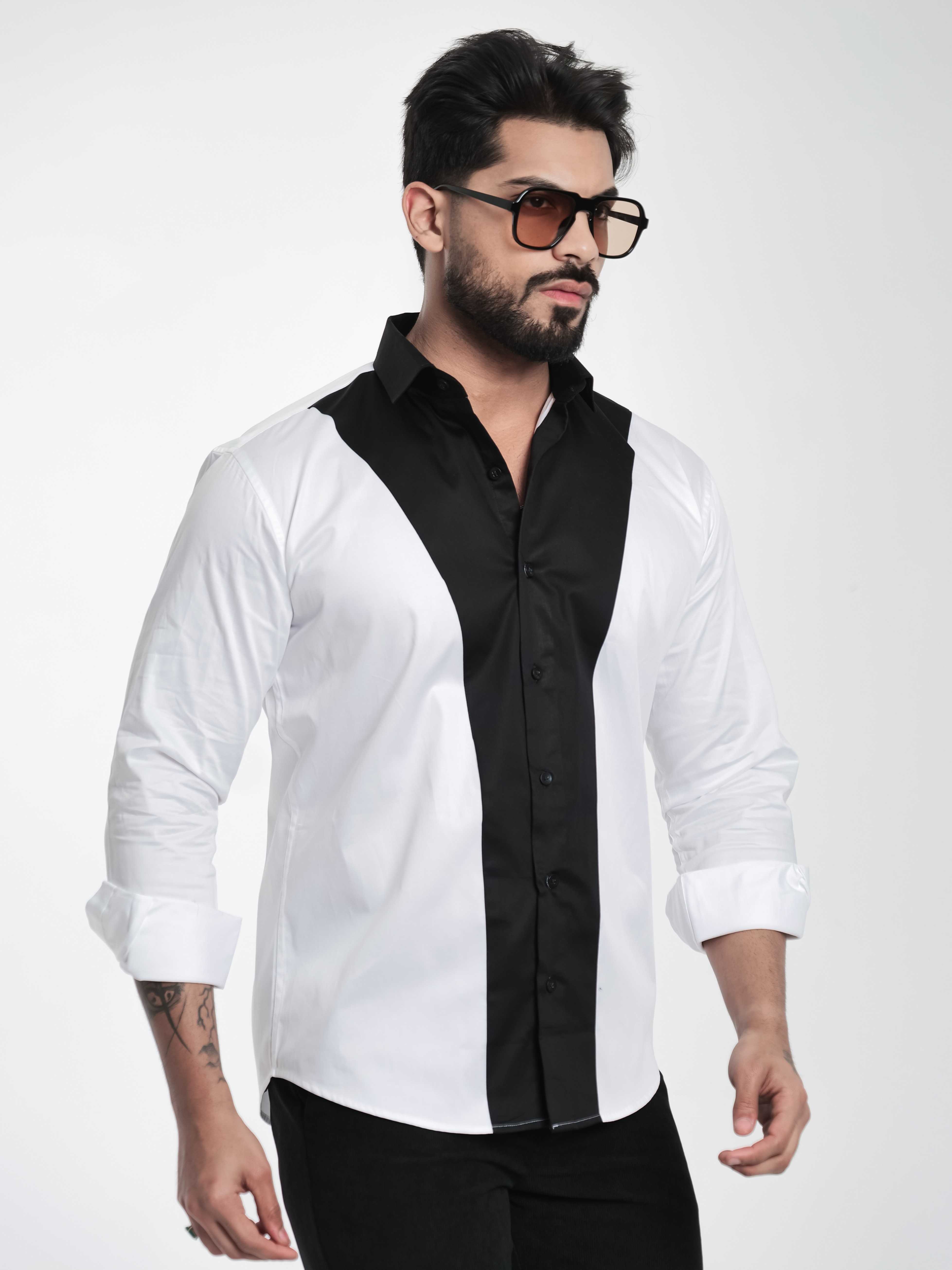 FOOMER WHITE AND BLACK CUT N SEW DESIGNER SHIRT FOR MEN'S