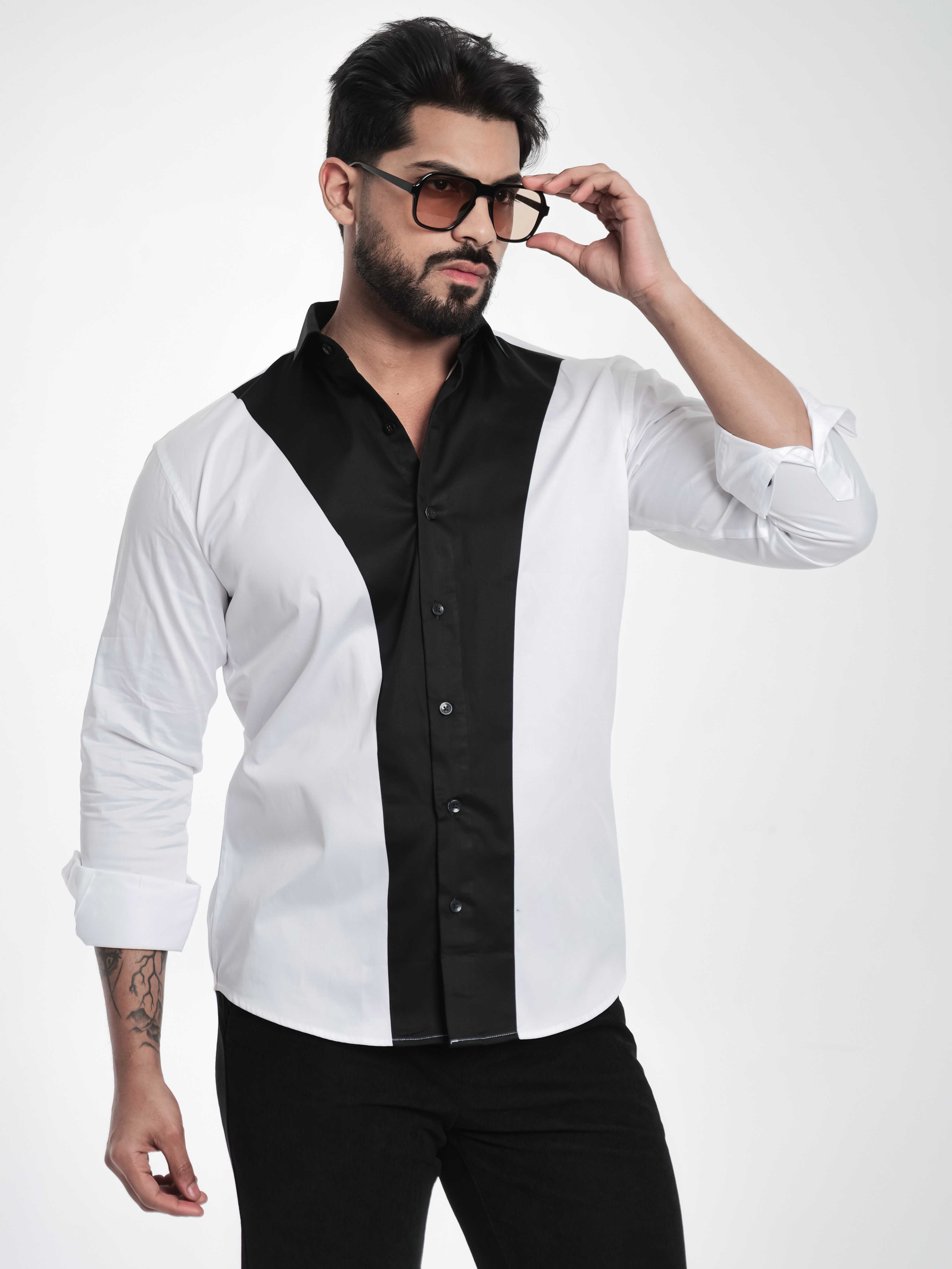 FOOMER WHITE AND BLACK CUT N SEW DESIGNER SHIRT FOR MEN'S