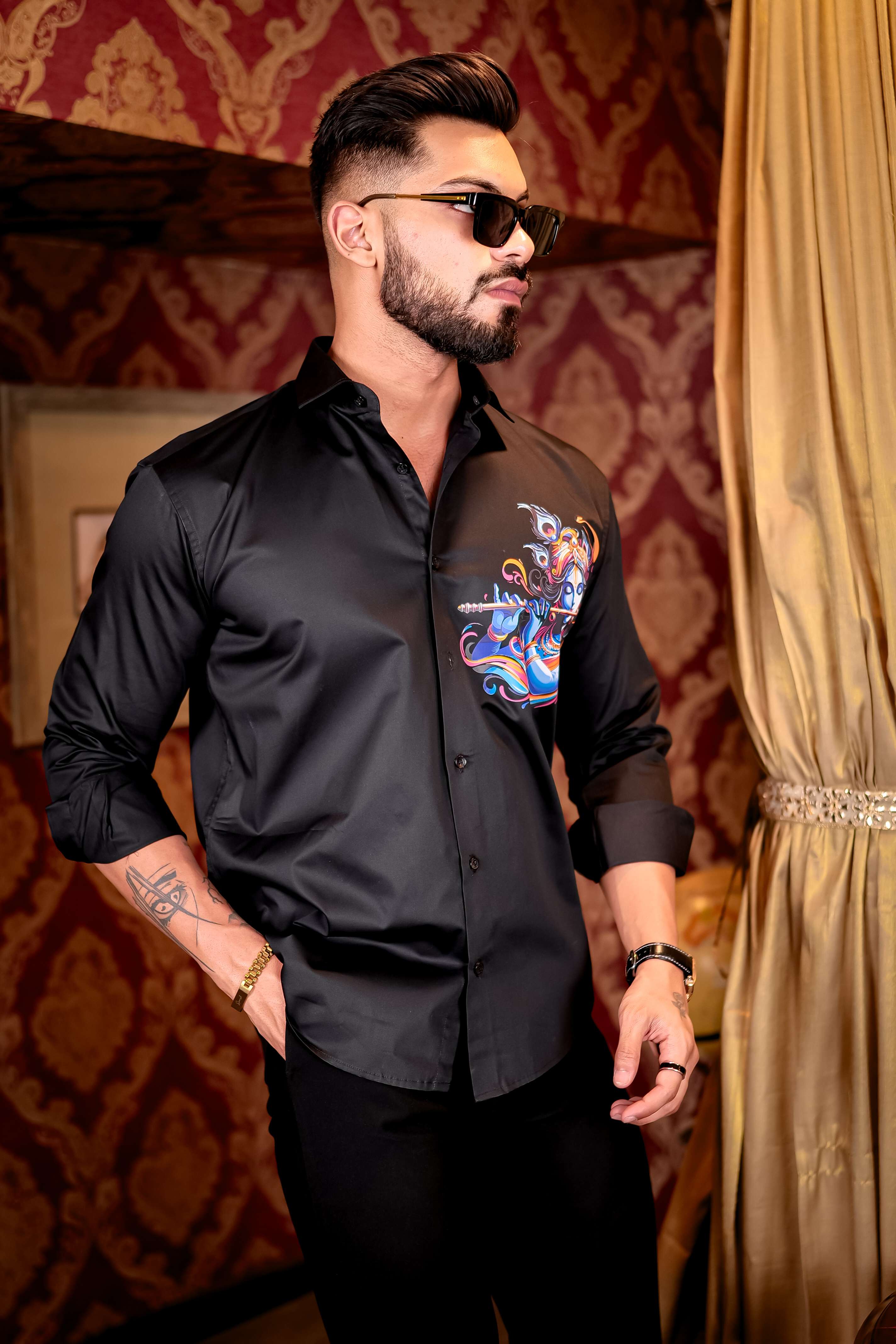 Black Lord Krishna Club Wear Printed Satin Cotton Shirt