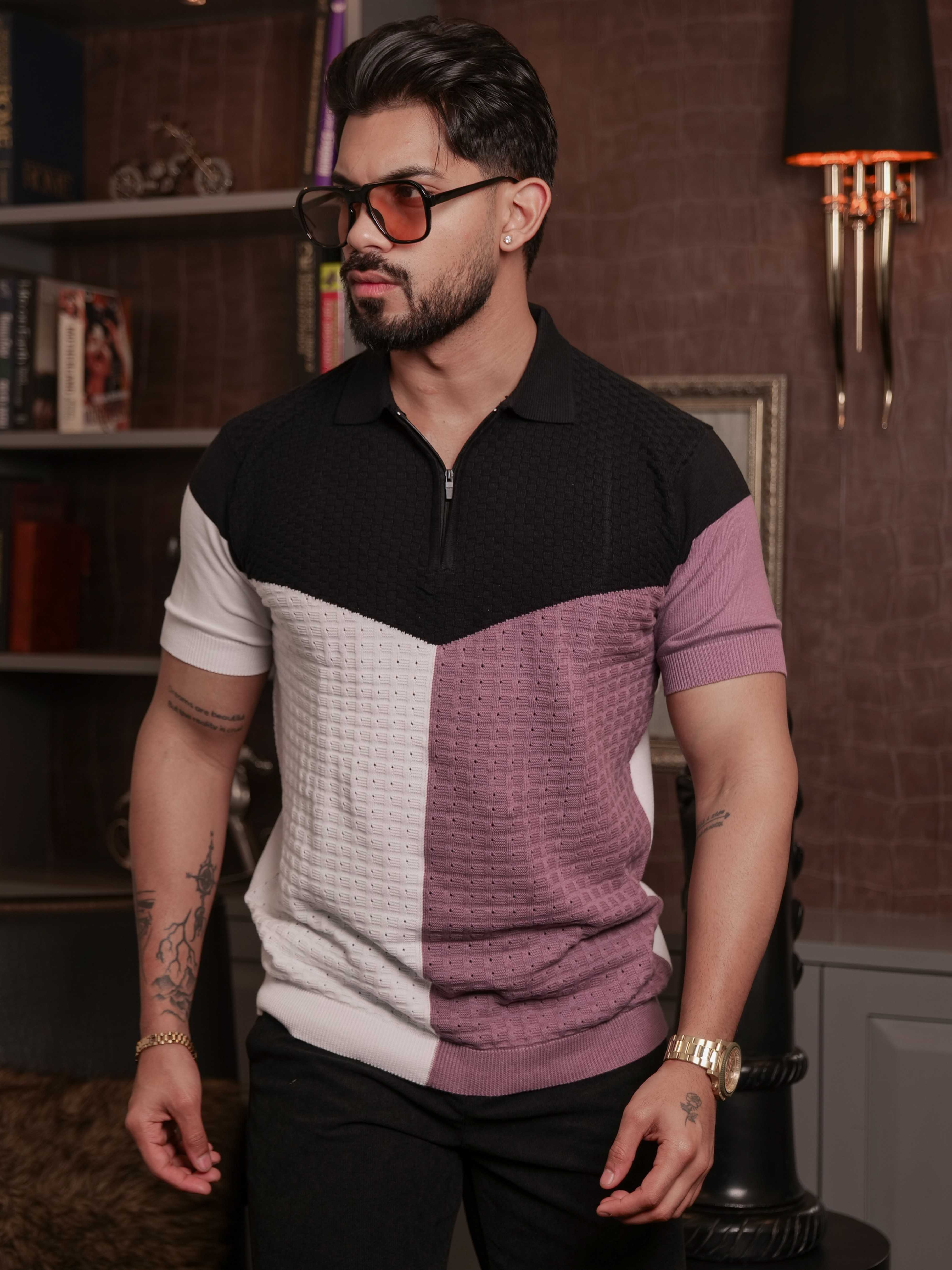 FOOMER PURPLE AND WHITE HALF SLEEVE KNITED TSHIRT FOR MEN'S