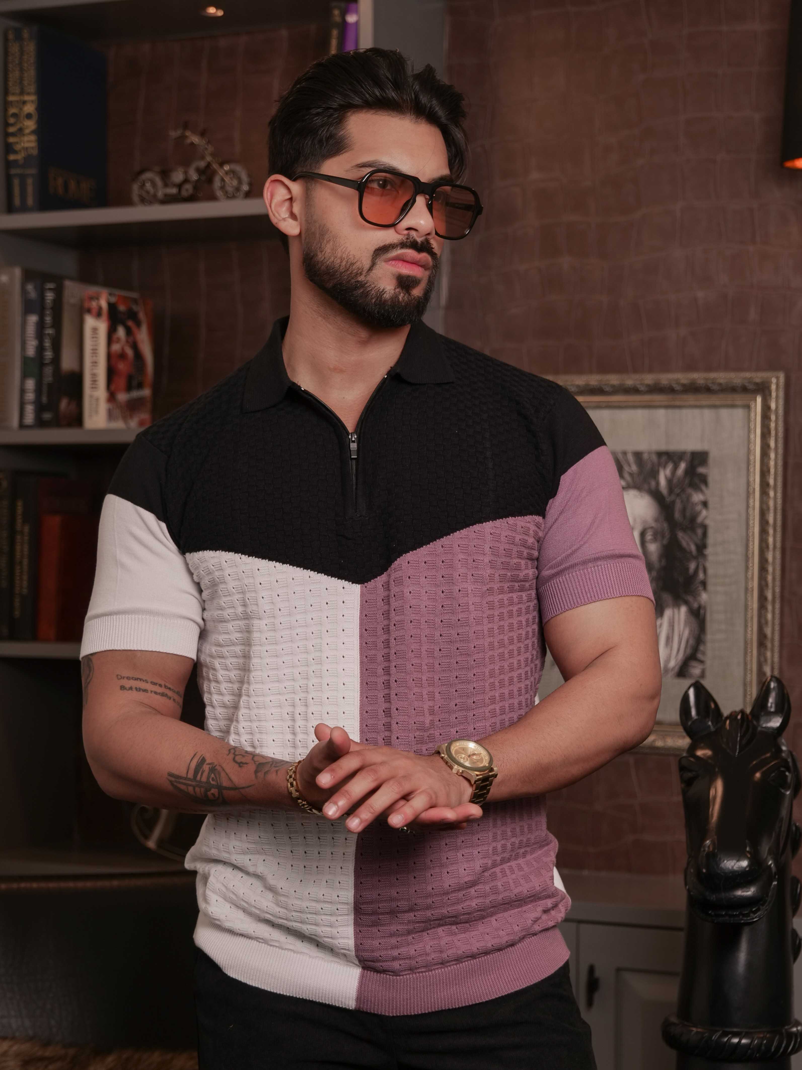 FOOMER PURPLE AND WHITE HALF SLEEVE KNITED TSHIRT FOR MEN'S