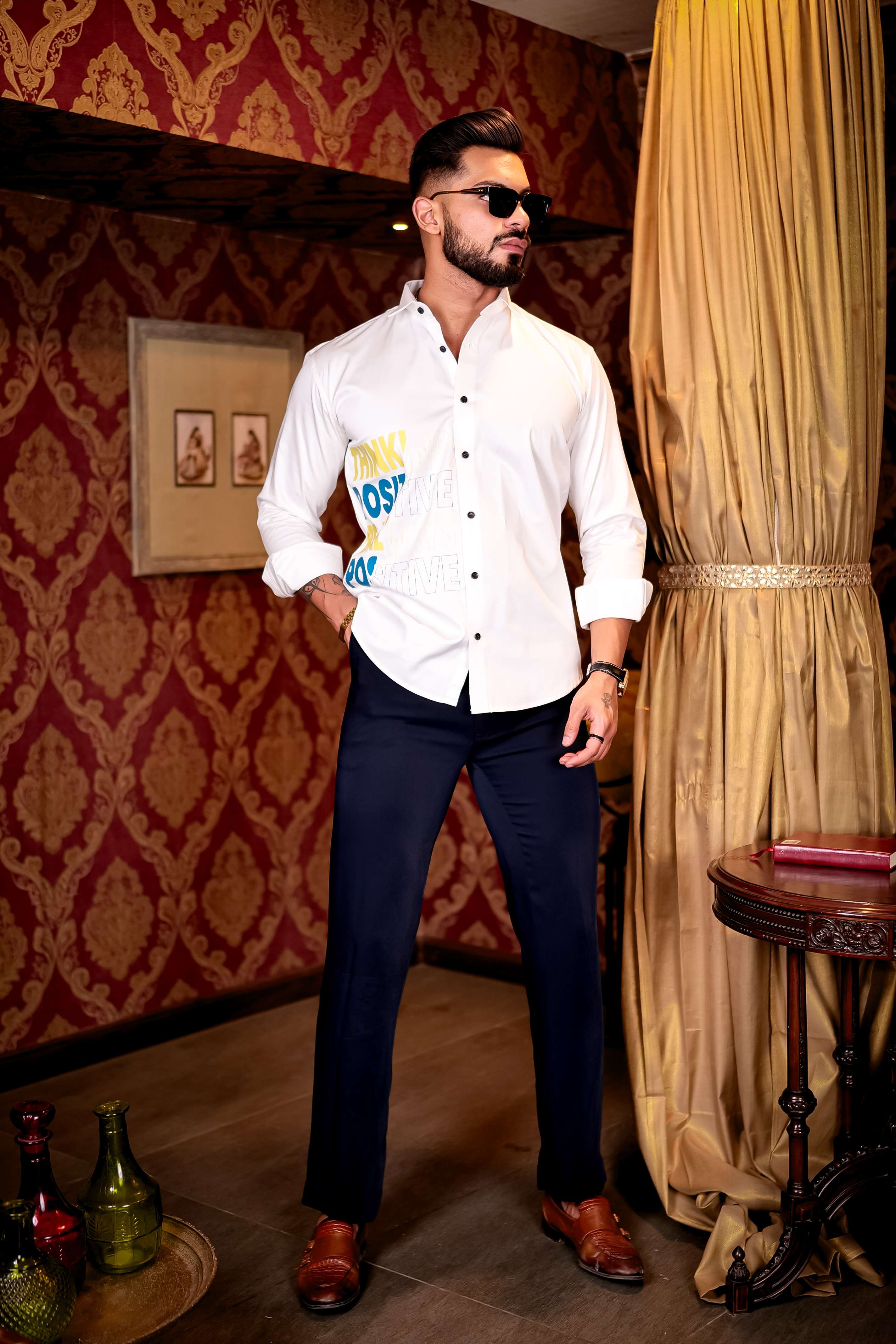 White Think Positive Be Always Positive Club Wear Printed Satin Cotton Shirt