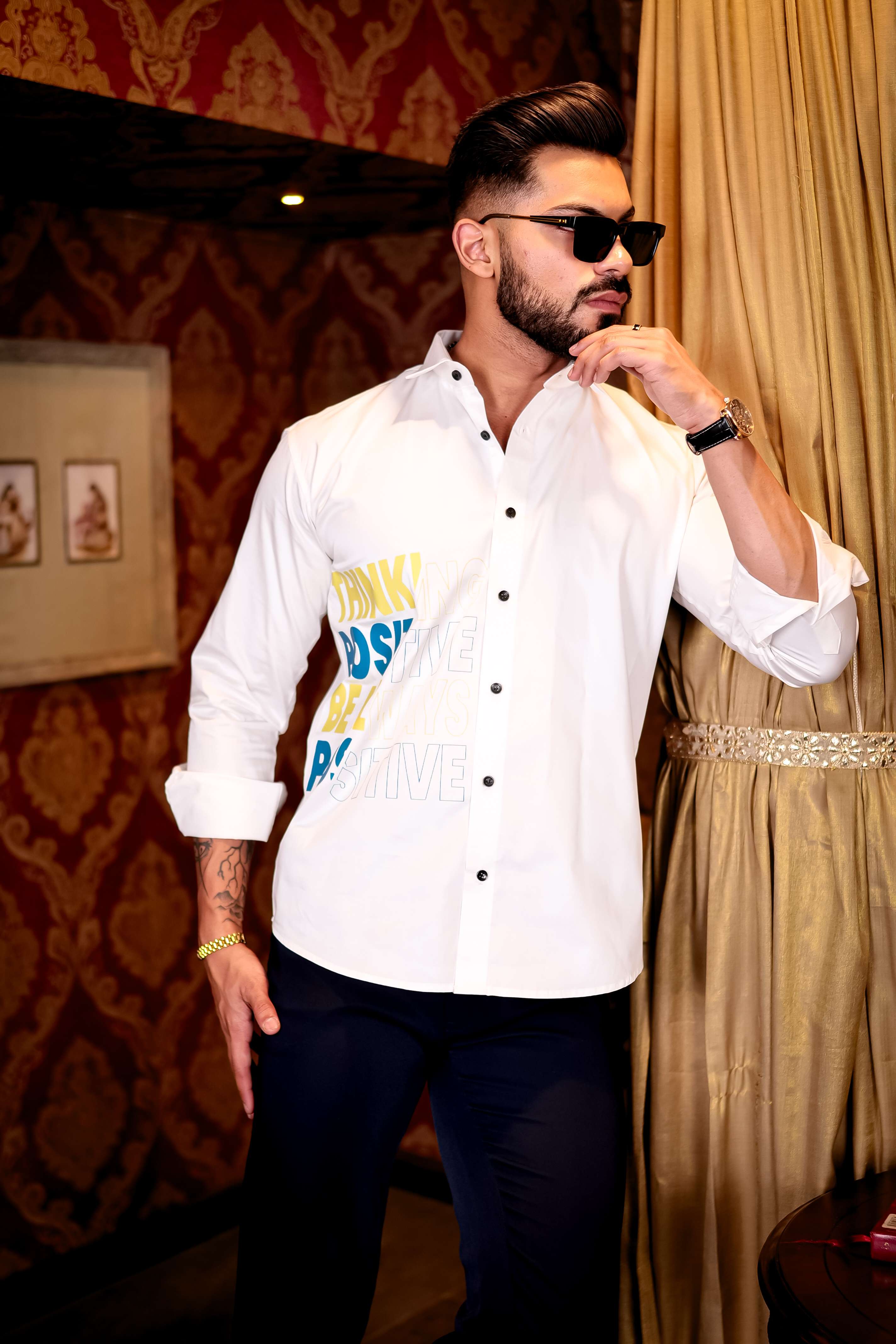 White Think Positive Be Always Positive Club Wear Printed Satin Cotton Shirt