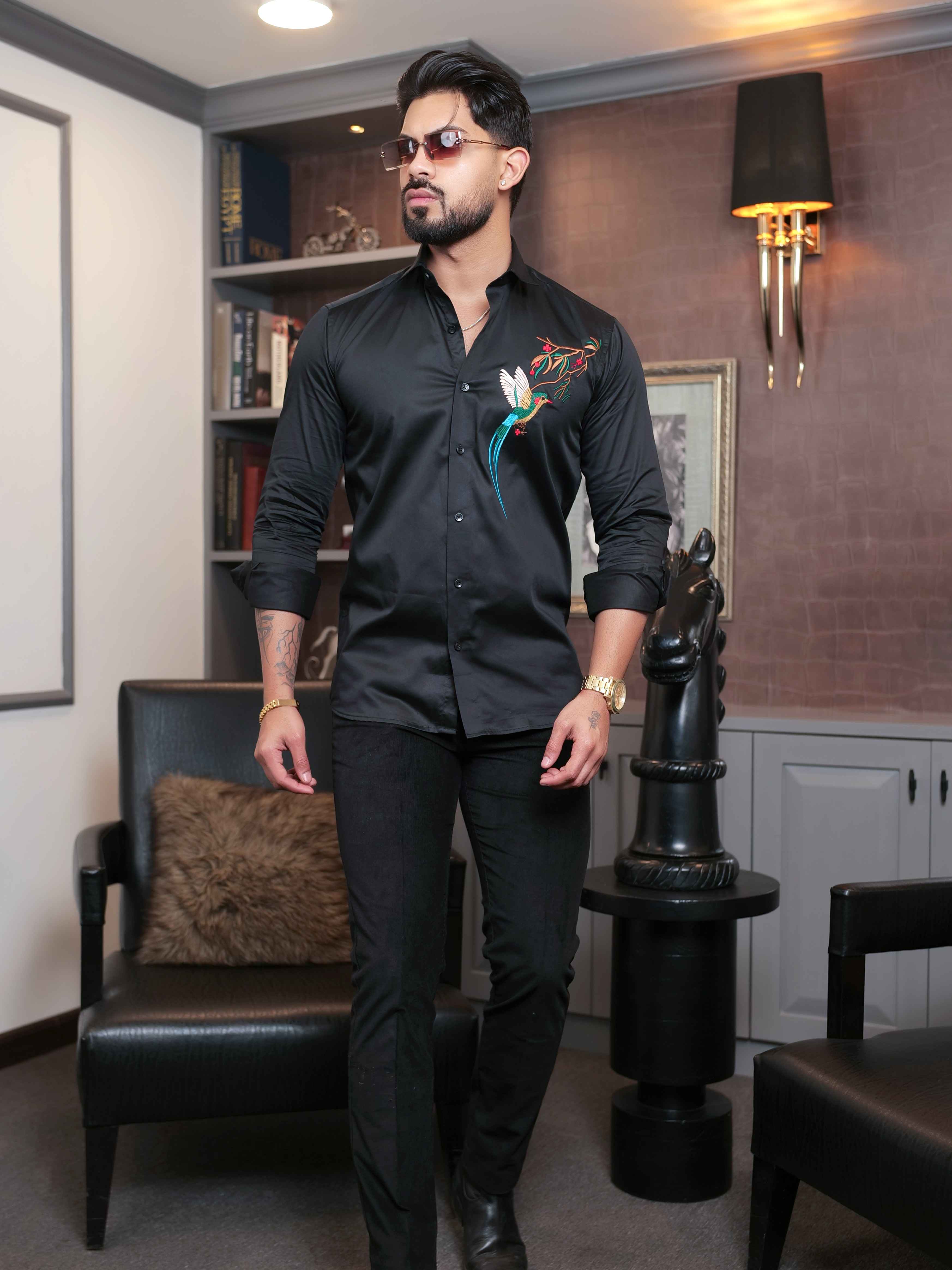 FOOMER BLACK BIRD EMBROIDERED DESIGNER WEAR SATIN COTTON SHIRT