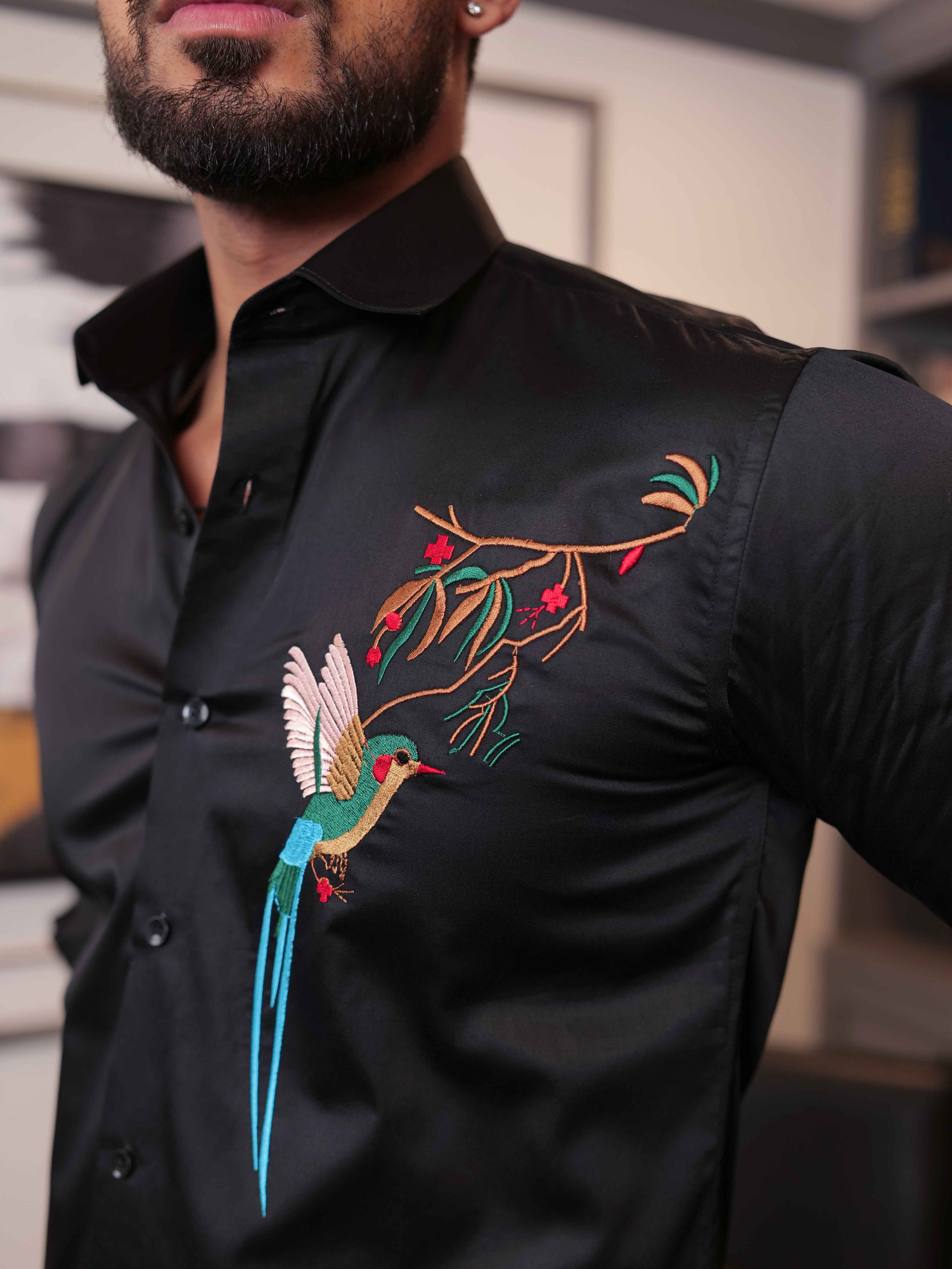 FOOMER BLACK BIRD EMBROIDERED DESIGNER WEAR SATIN COTTON SHIRT