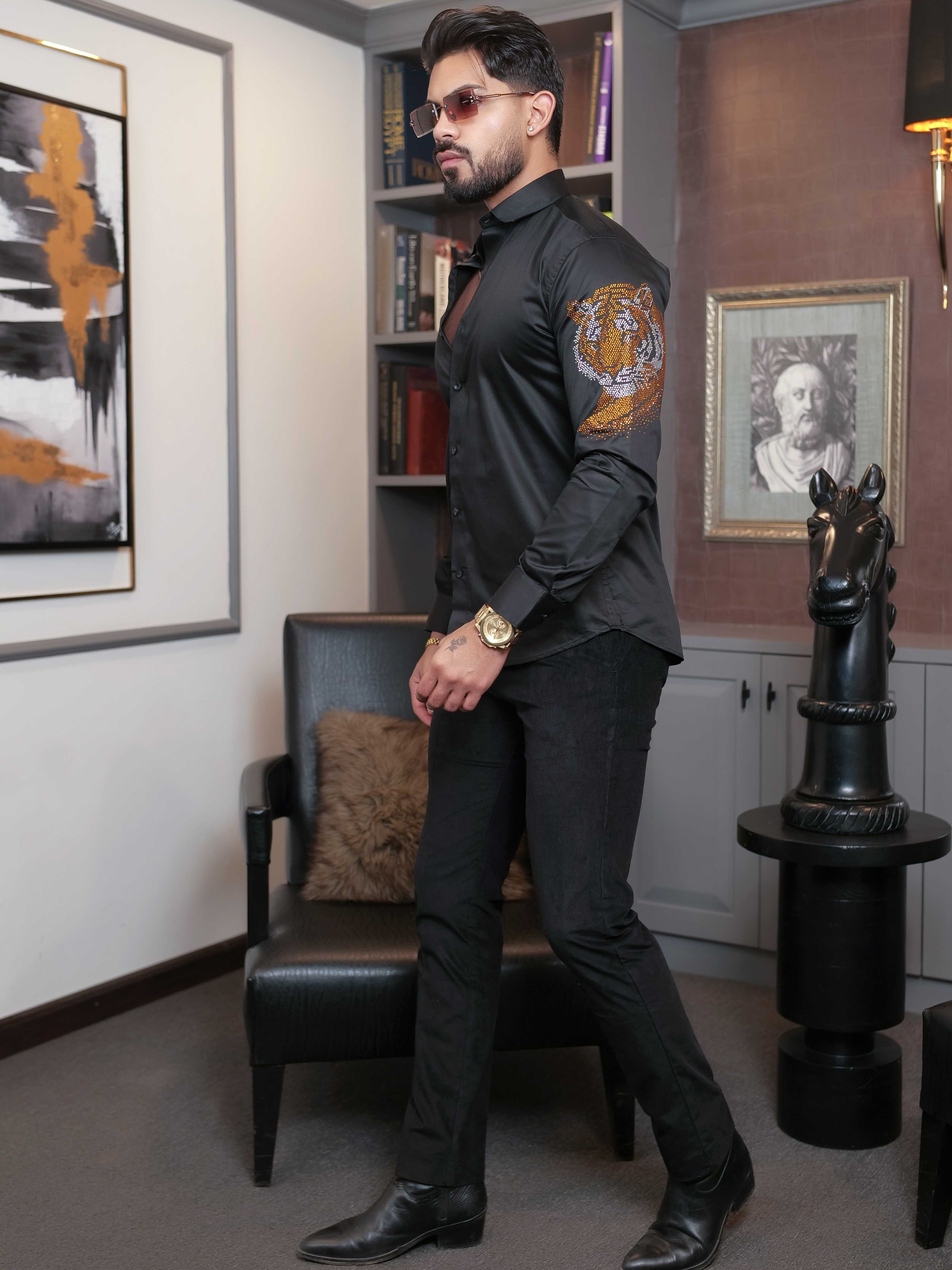 FOOMER BLACK STARRY BEADED TIGER CLUB WEAR SATIN COTTON SHIRT FOR MEN'S