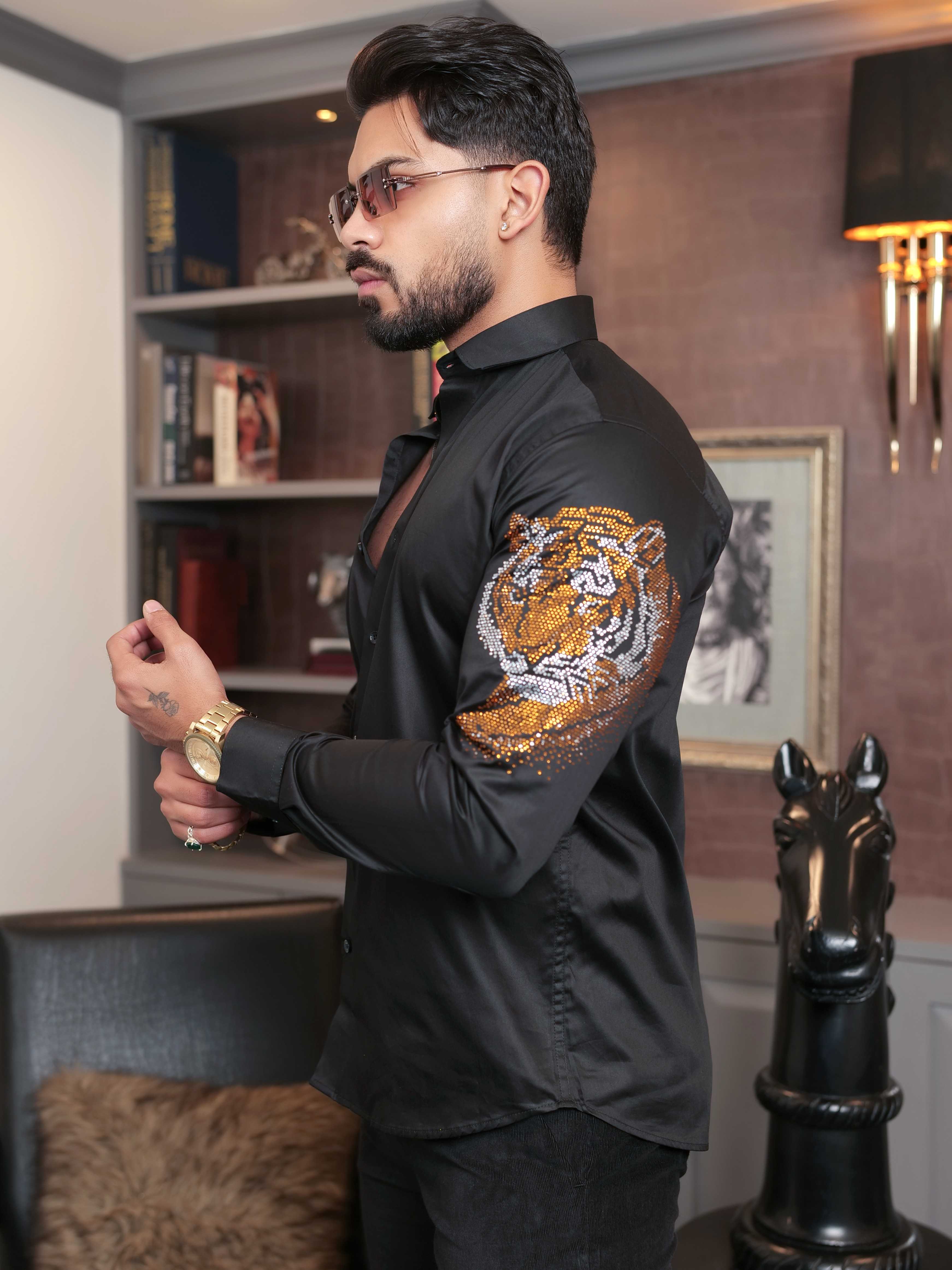 FOOMER BLACK STARRY BEADED TIGER CLUB WEAR SATIN COTTON SHIRT FOR MEN'S