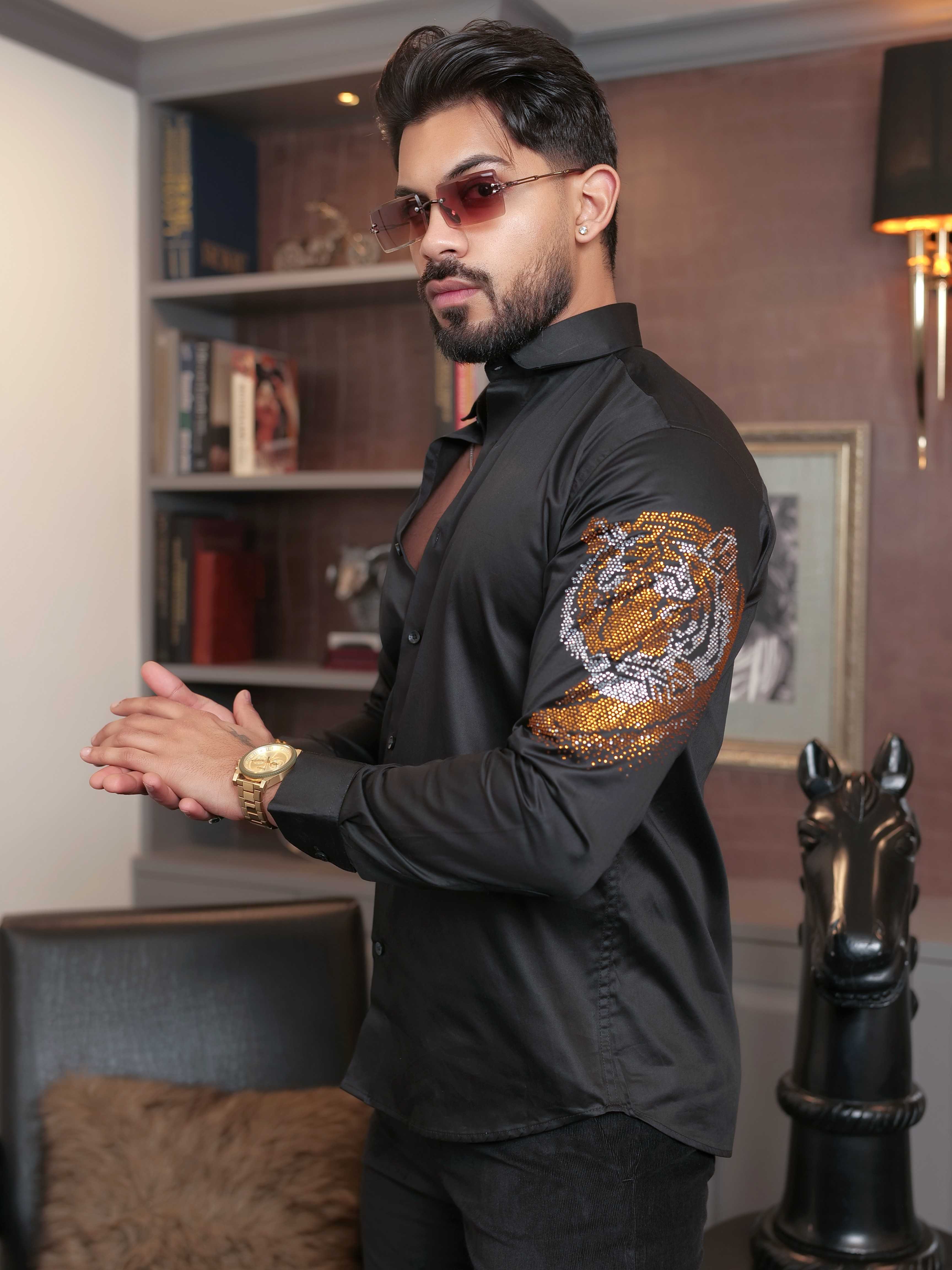 FOOMER BLACK STARRY BEADED TIGER CLUB WEAR SATIN COTTON SHIRT FOR MEN'S