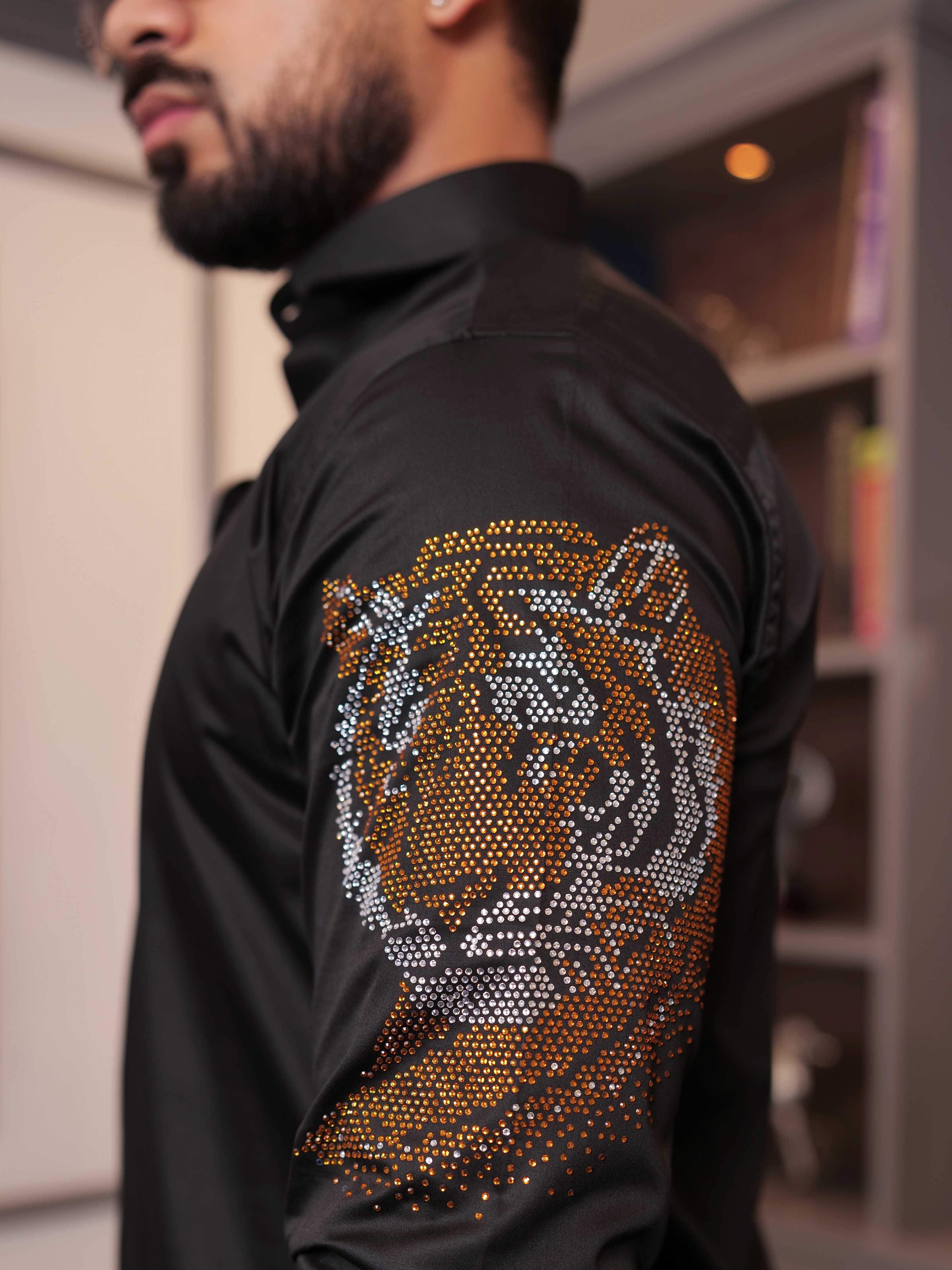 FOOMER BLACK STARRY BEADED TIGER CLUB WEAR SATIN COTTON SHIRT FOR MEN'S