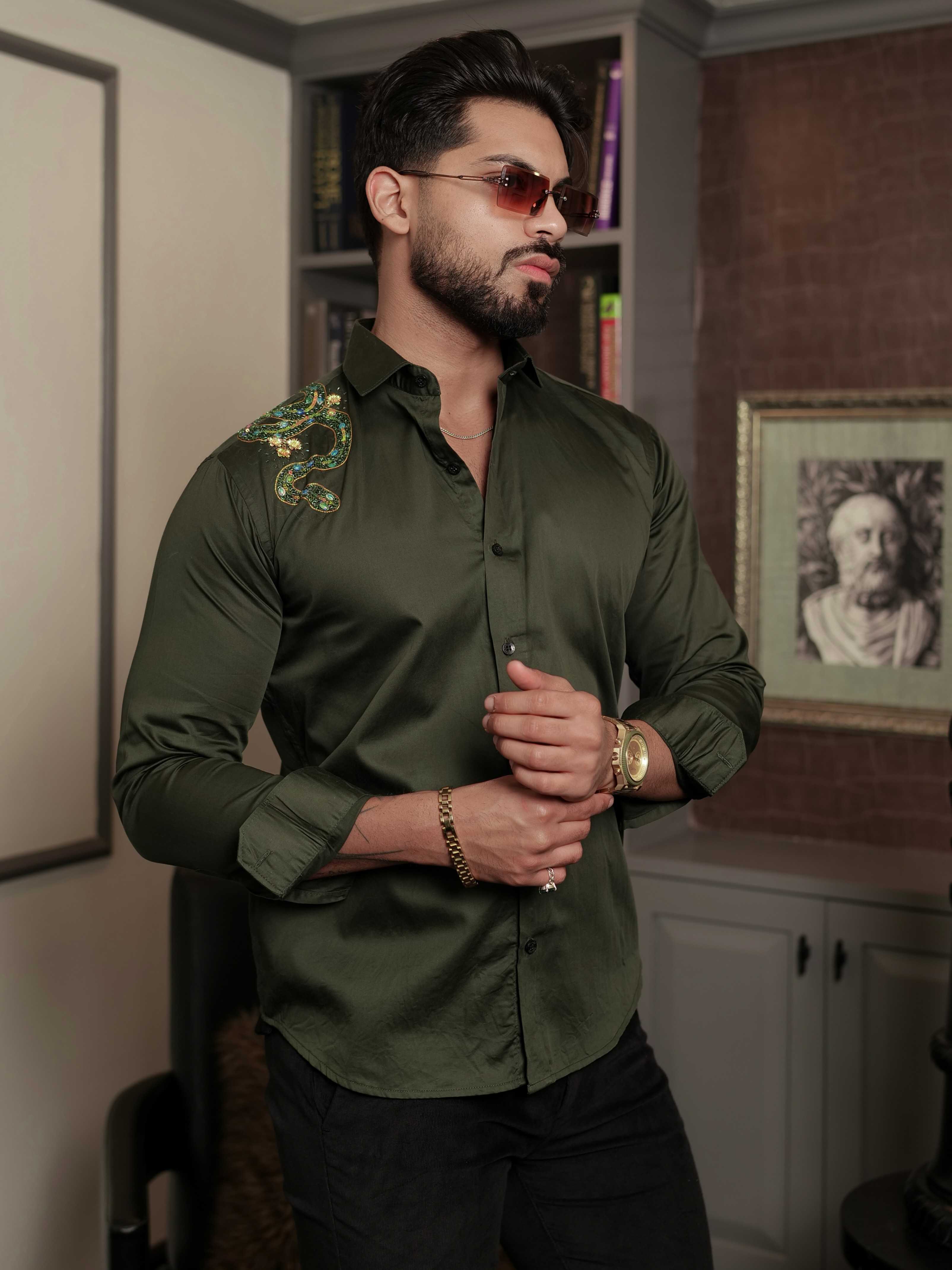 FOOMER OLIVE RHINESTONE HAND WORK SATIN COTTON PREMIUM SHIRT