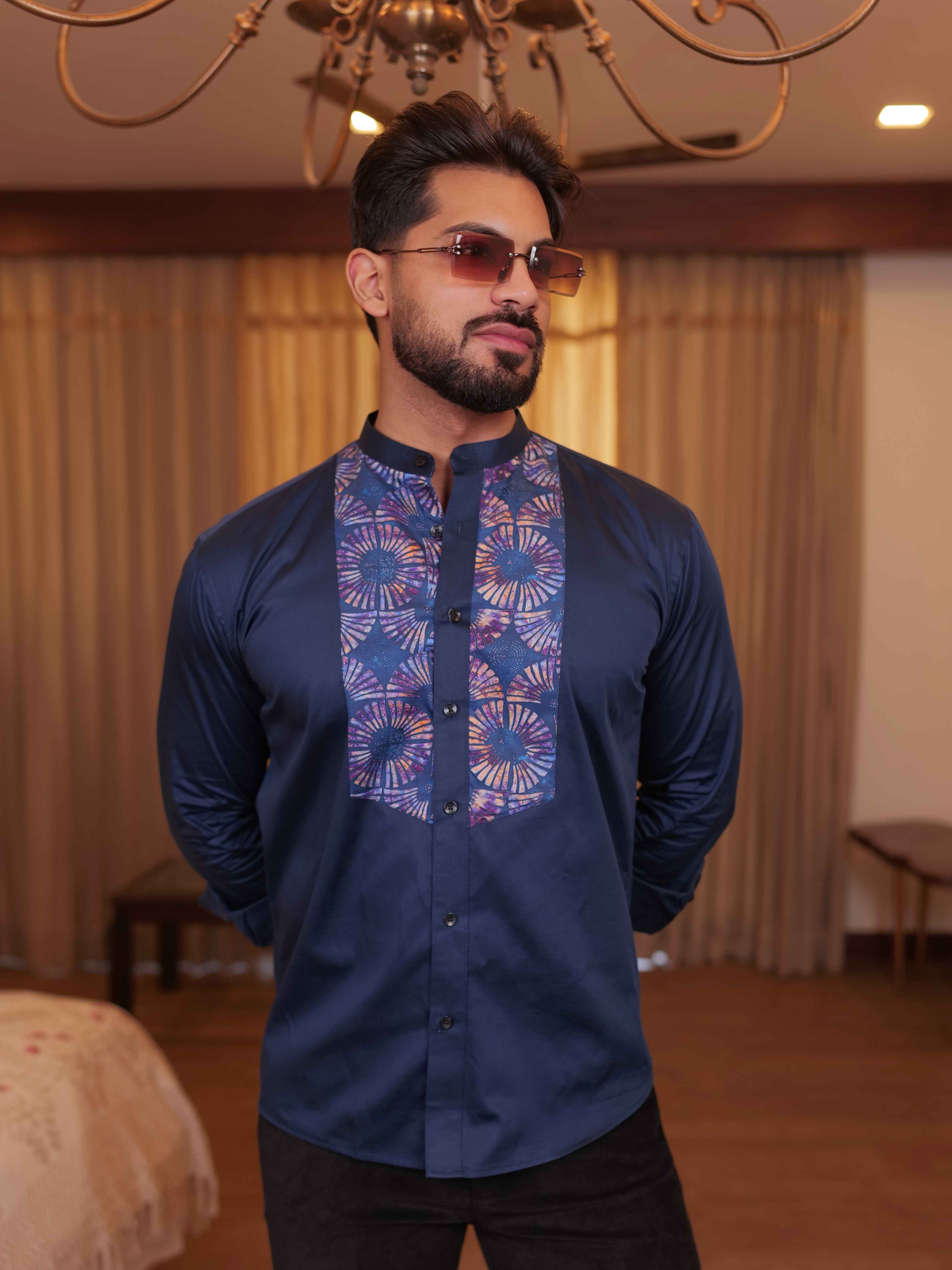 FOOMER NAVY KURTA CUT N SEW DESIGNER SHIRT FOR MEN'S