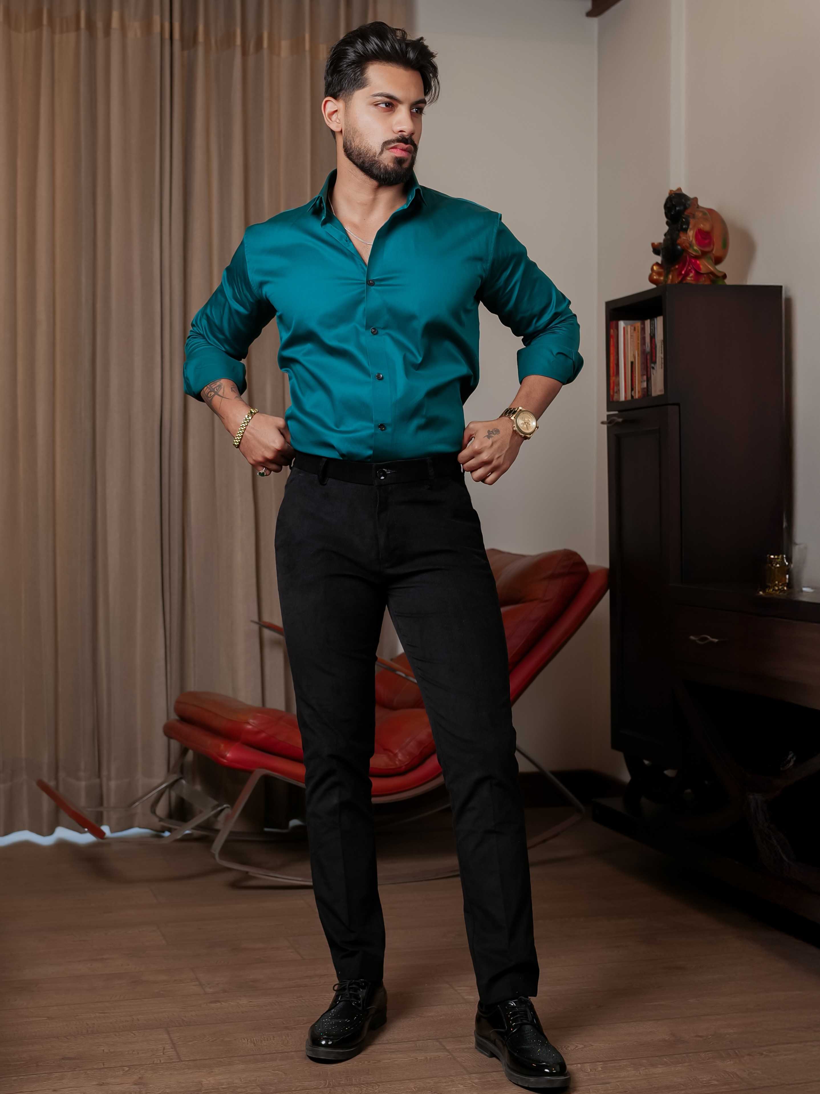 FOOMER FORMY DARK GREEN LUXURY SATIN SHIRT FOR MEN'S