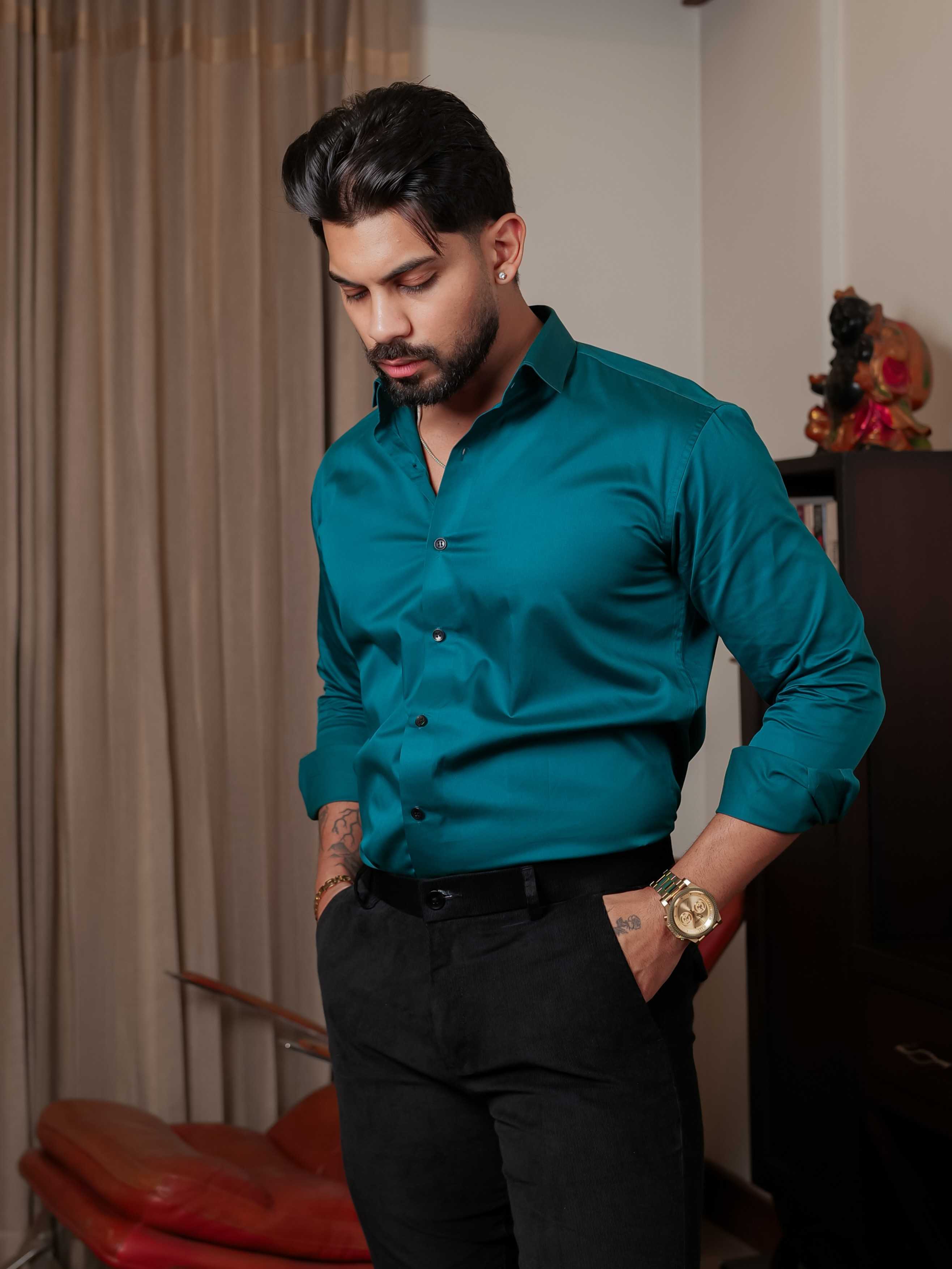 FOOMER FORMY DARK GREEN LUXURY SATIN SHIRT FOR MEN'S
