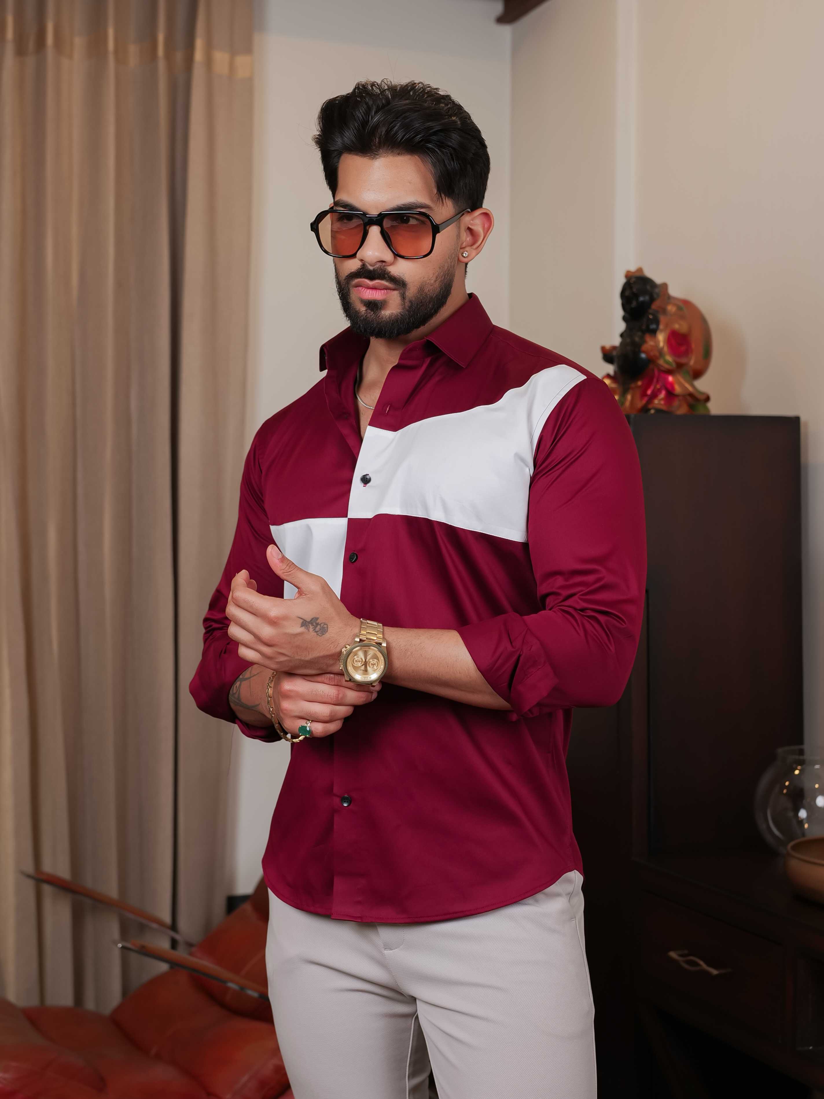 FOOMER MAROON CUT N SEW DESIGNER SHIRT FOR MEN'S