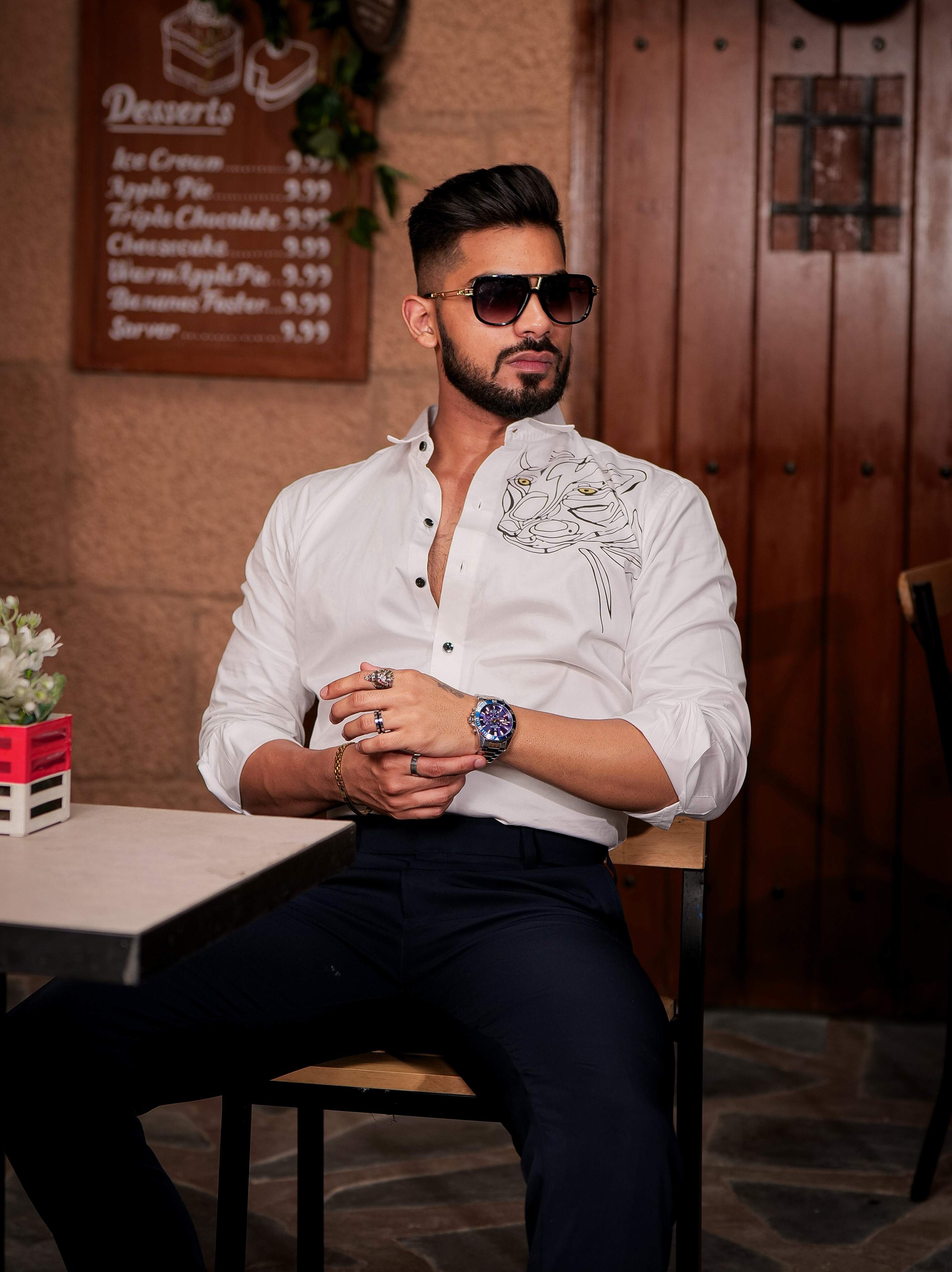 White Club Wear Printed Satin Cotton Shirt