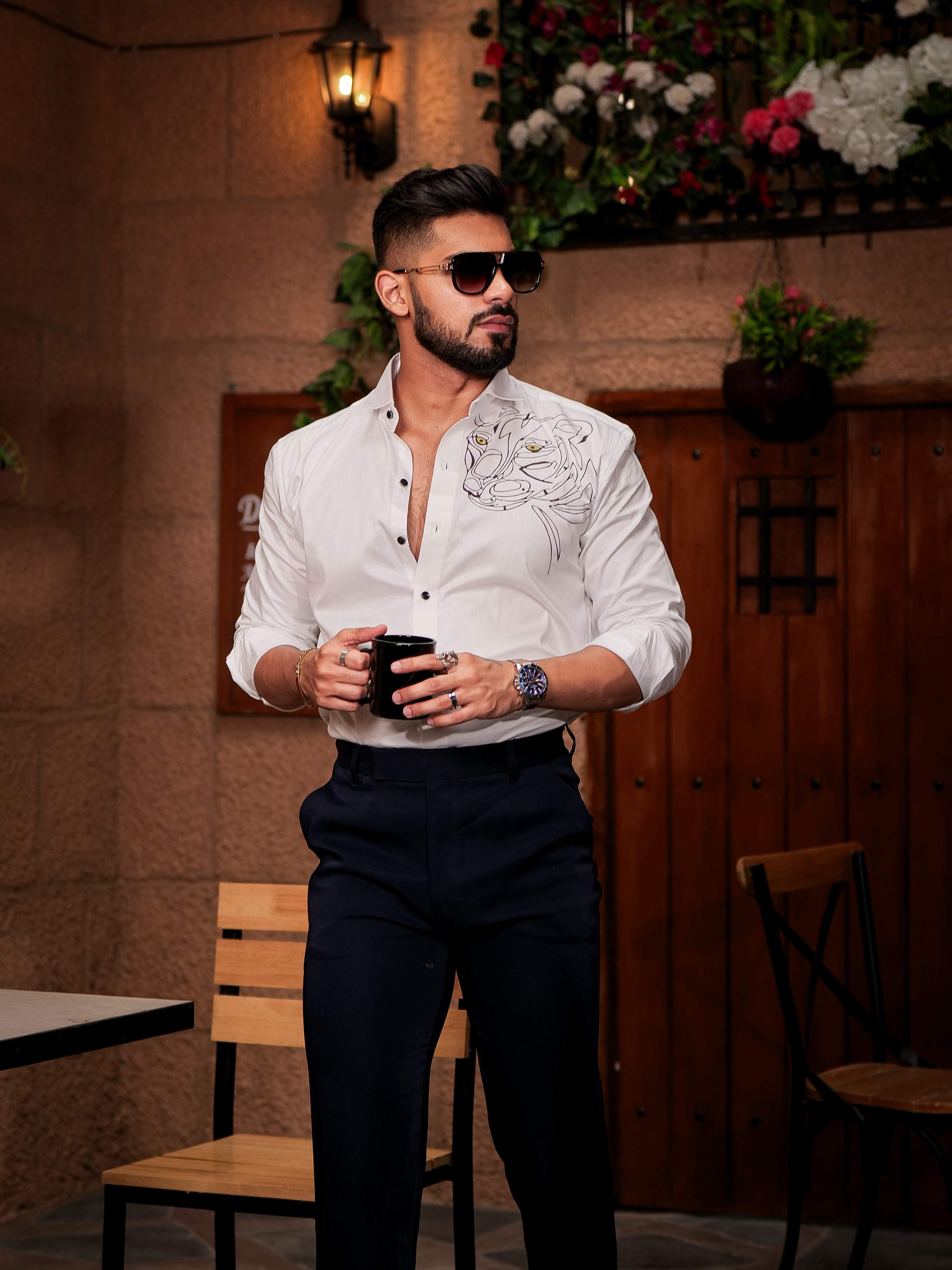 White Club Wear Printed Satin Cotton Shirt