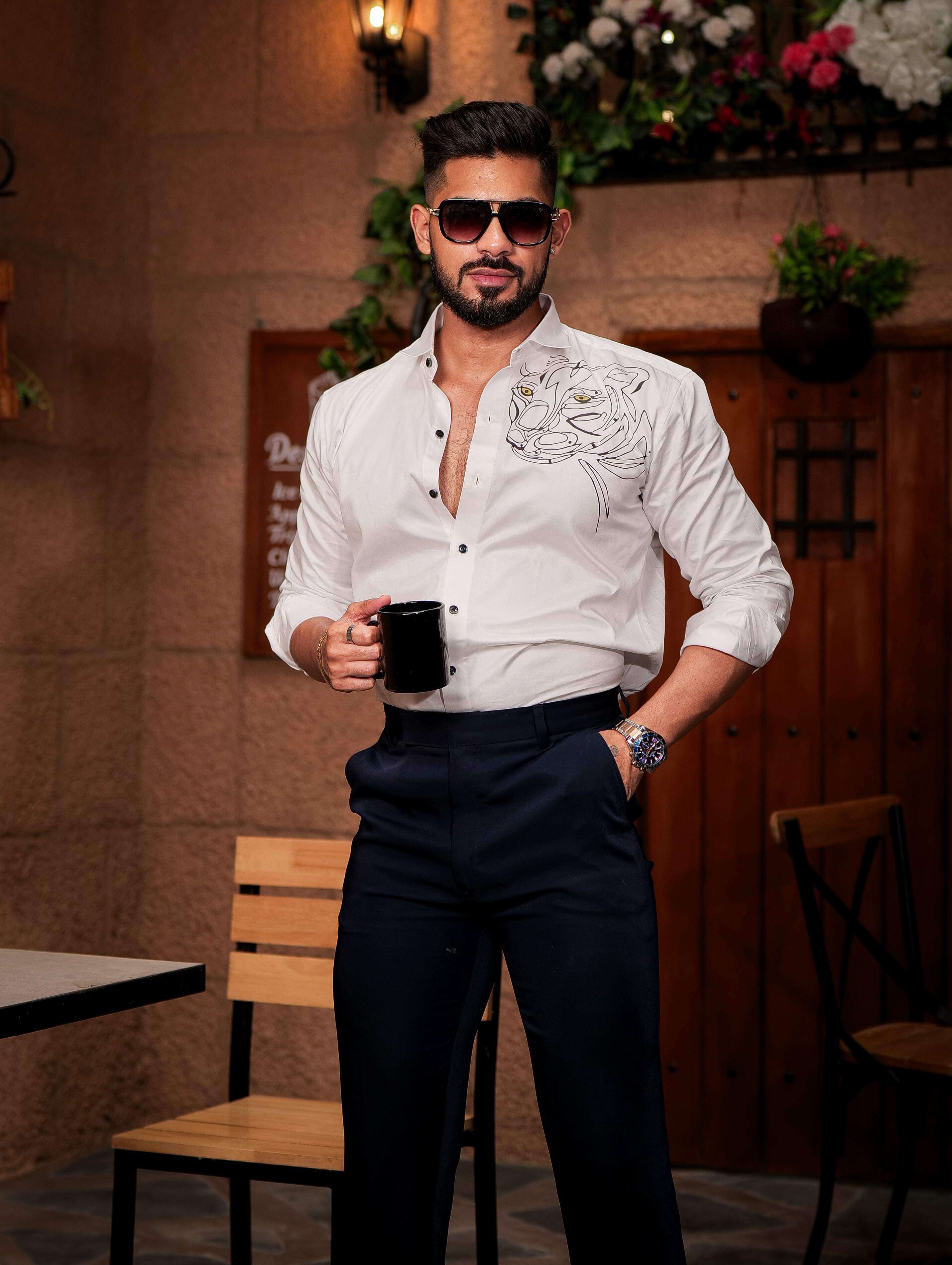 White Club Wear Printed Satin Cotton Shirt