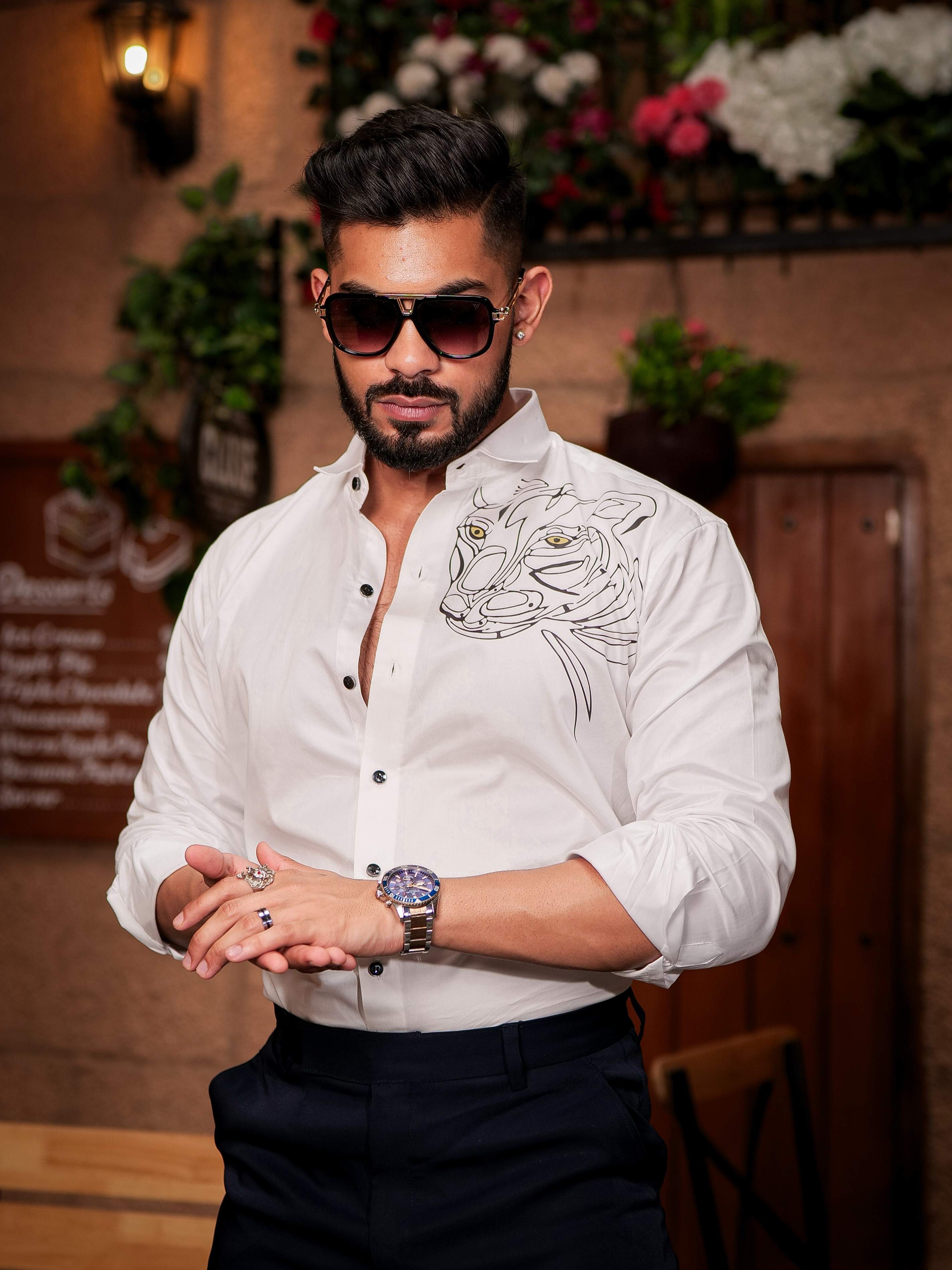 White Club Wear Printed Satin Cotton Shirt