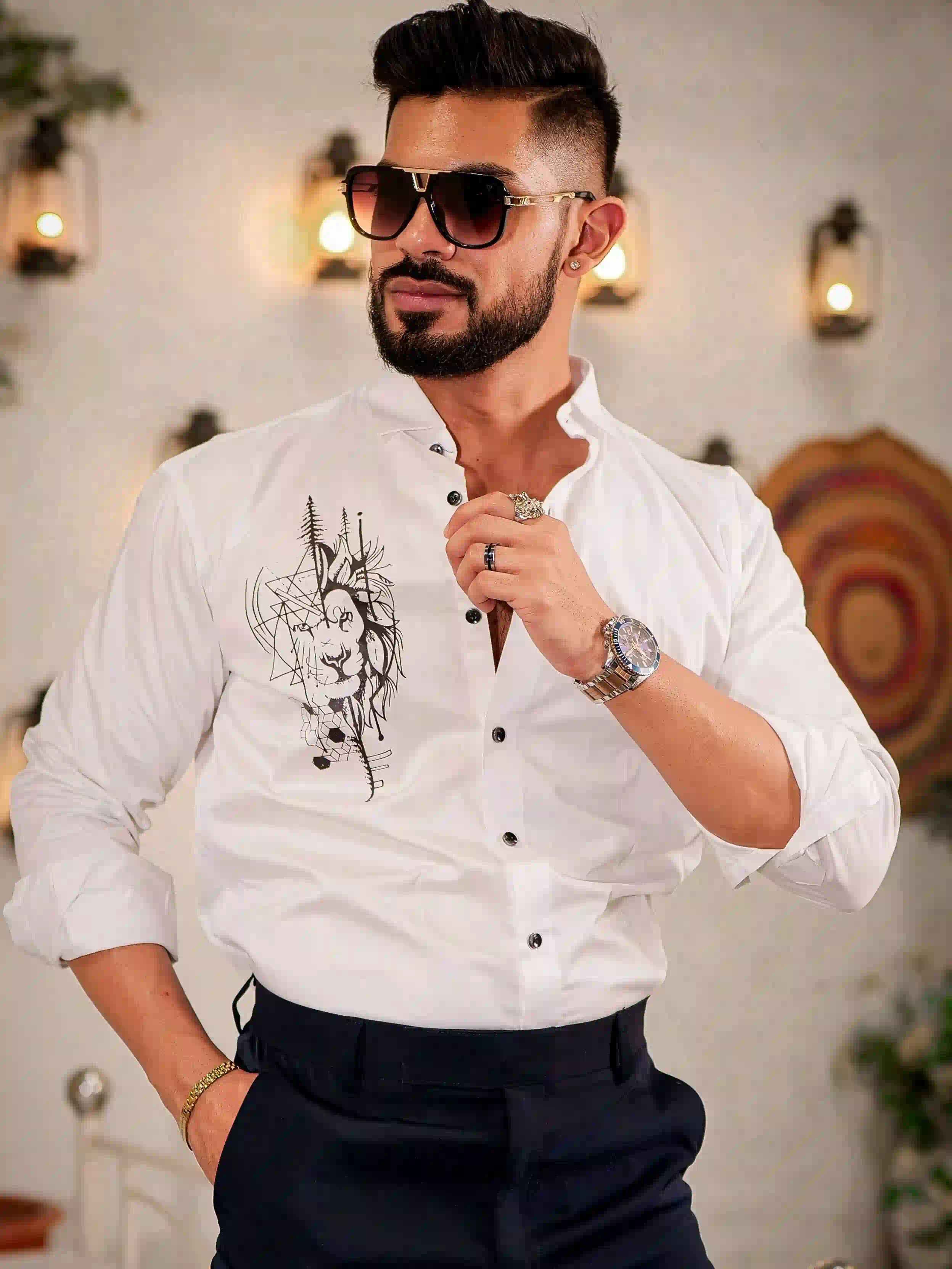 White Club Wear Lion Printed Cotton Shirt The Foomer
