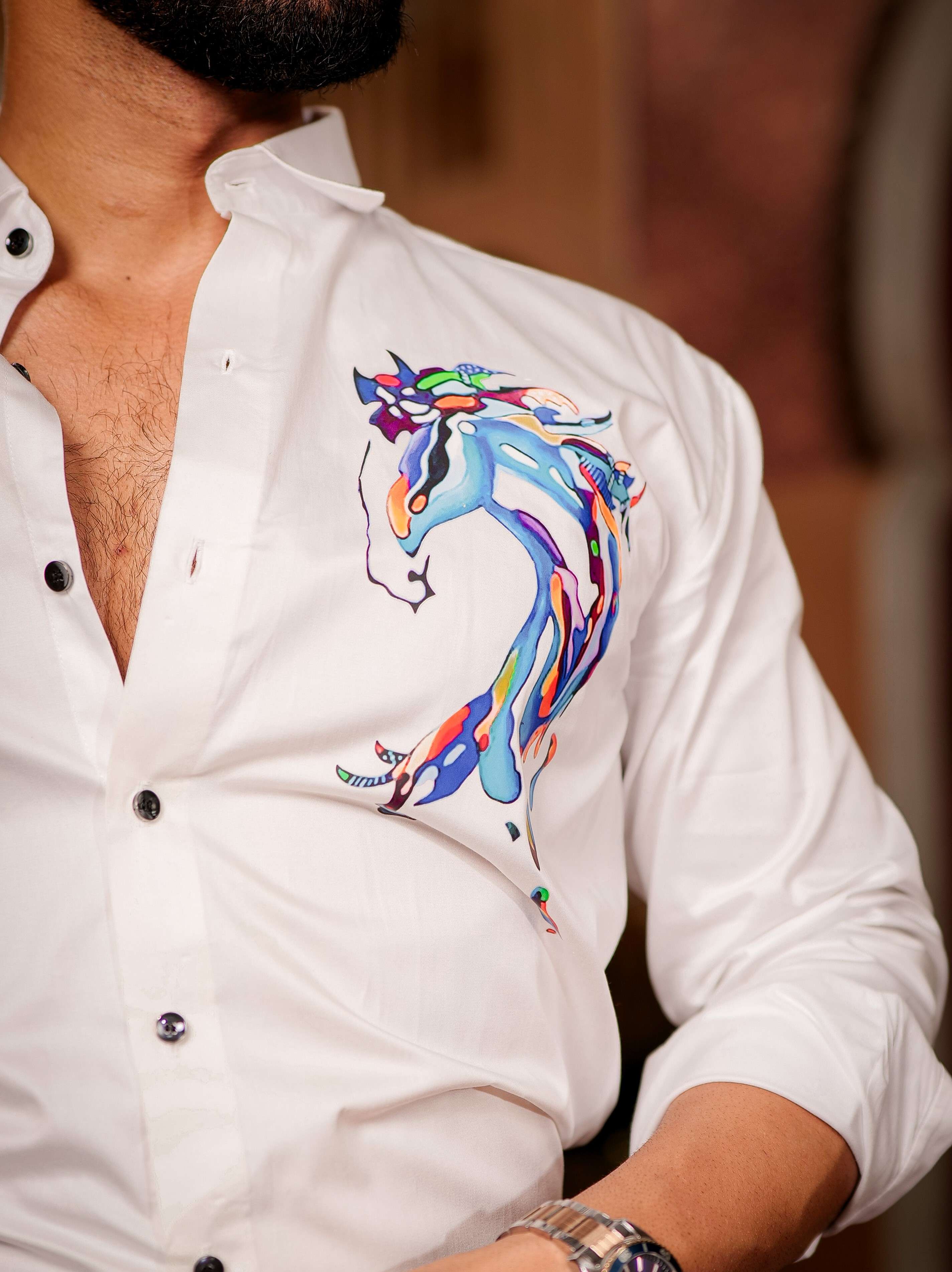 Horse Printed White Cotton Shirt – The Foomer - Main Image
