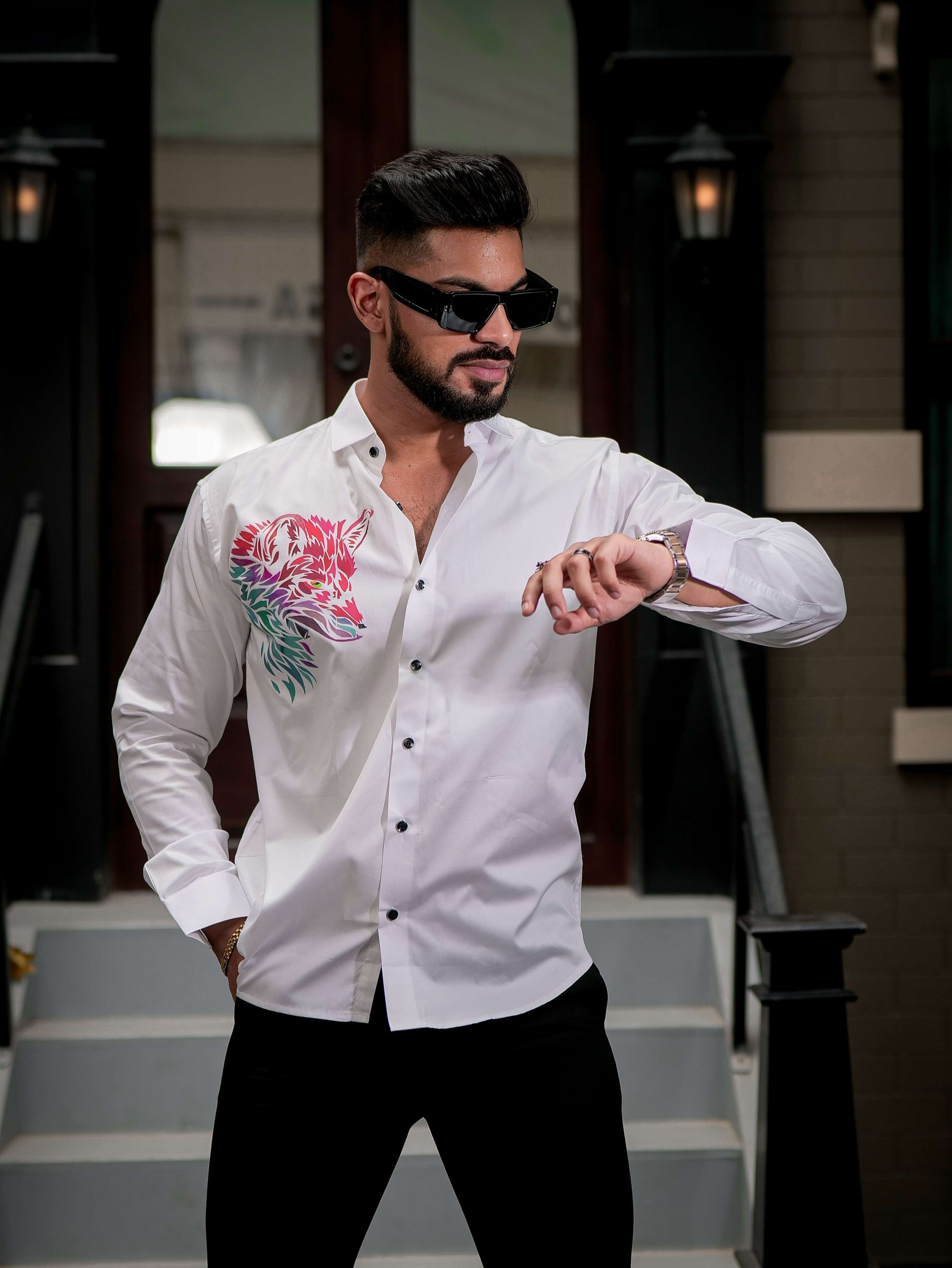 White Club Wear Printed Satin Cotton Shirt