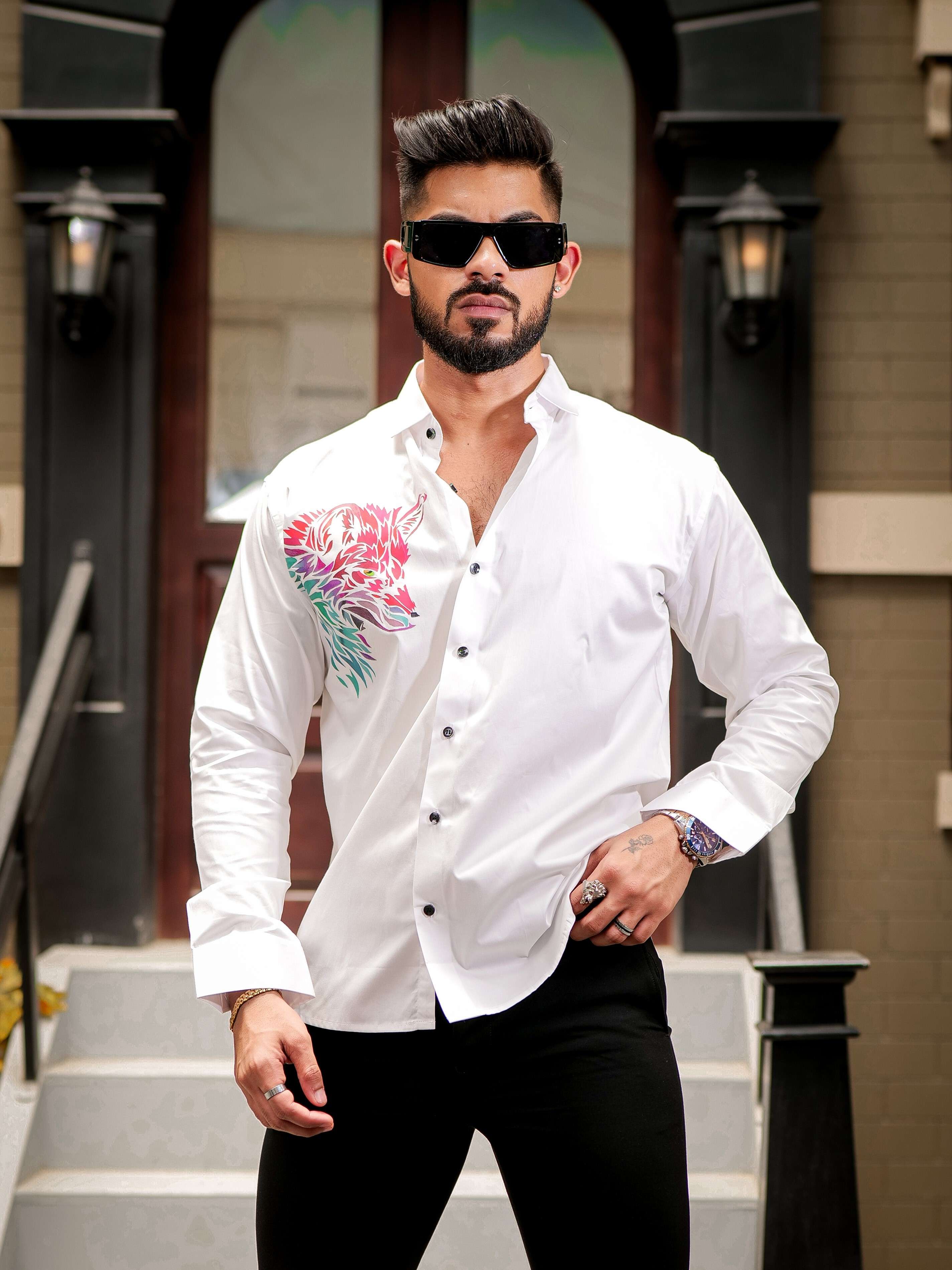 White Club Wear Printed Satin Cotton Shirt