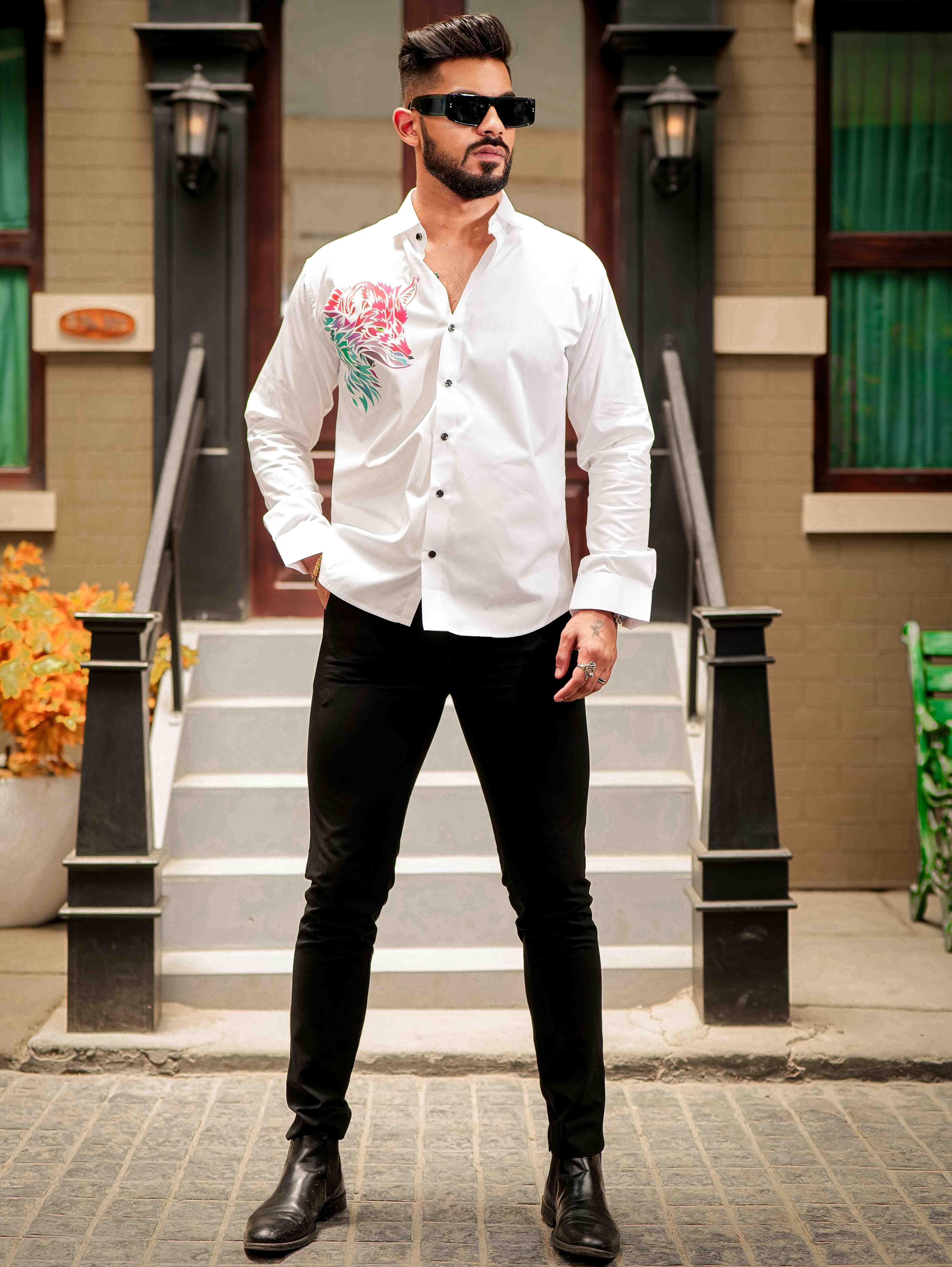 White Club Wear Printed Satin Cotton Shirt