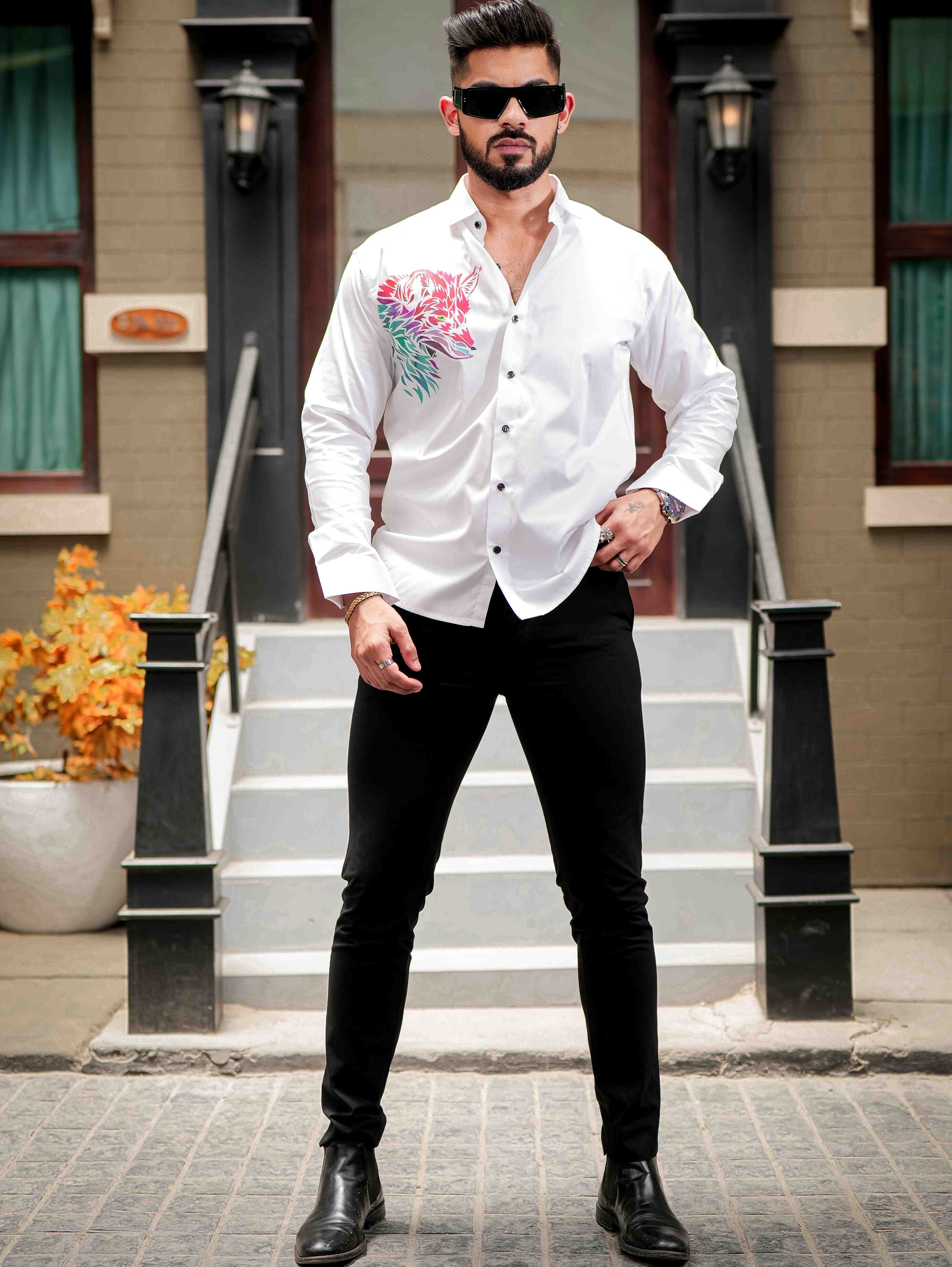 White Club Wear Printed Satin Cotton Shirt