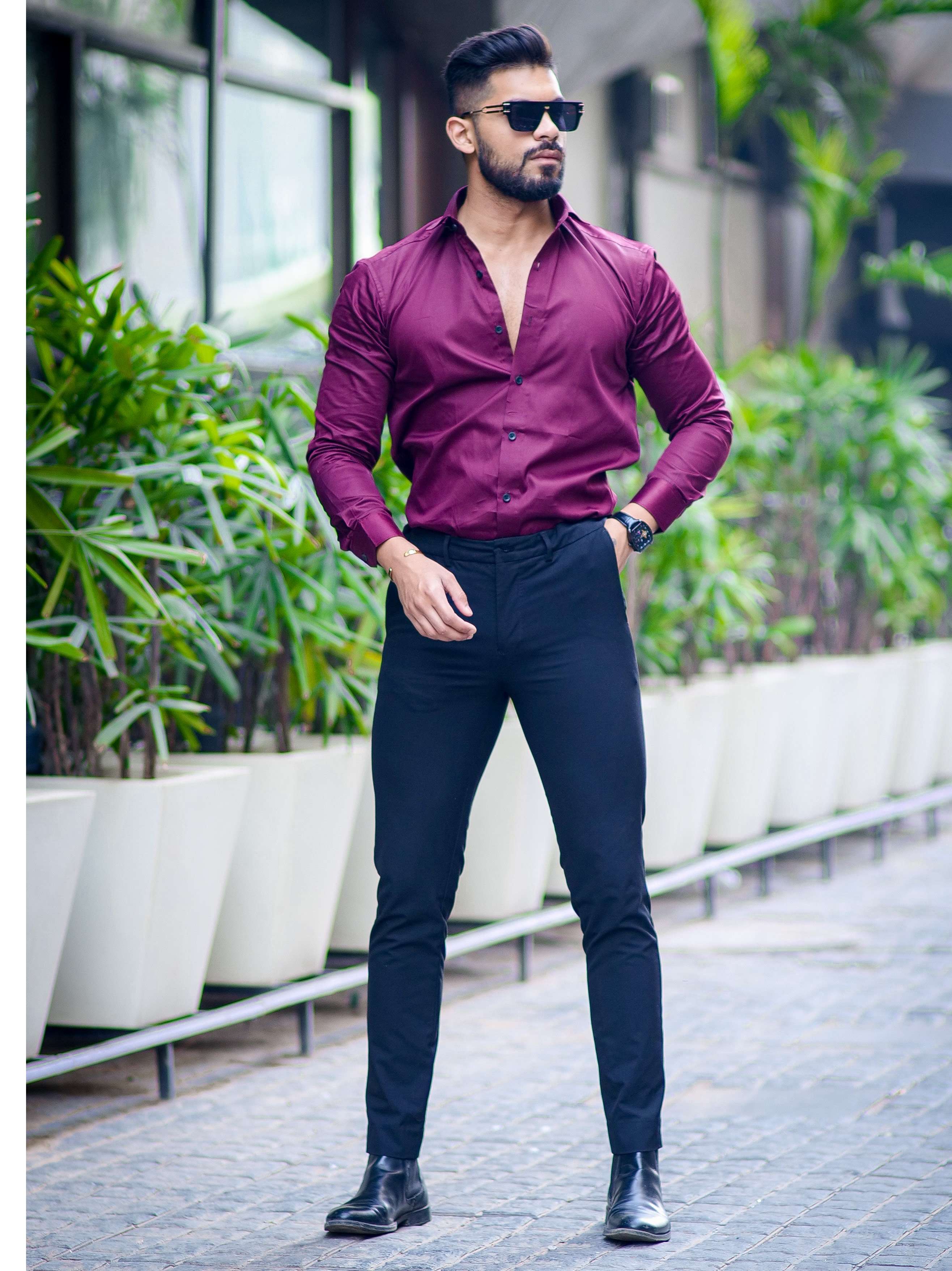 Maroon Shirt Red Shirt And Black Pant Formal Luxury Purple Satin