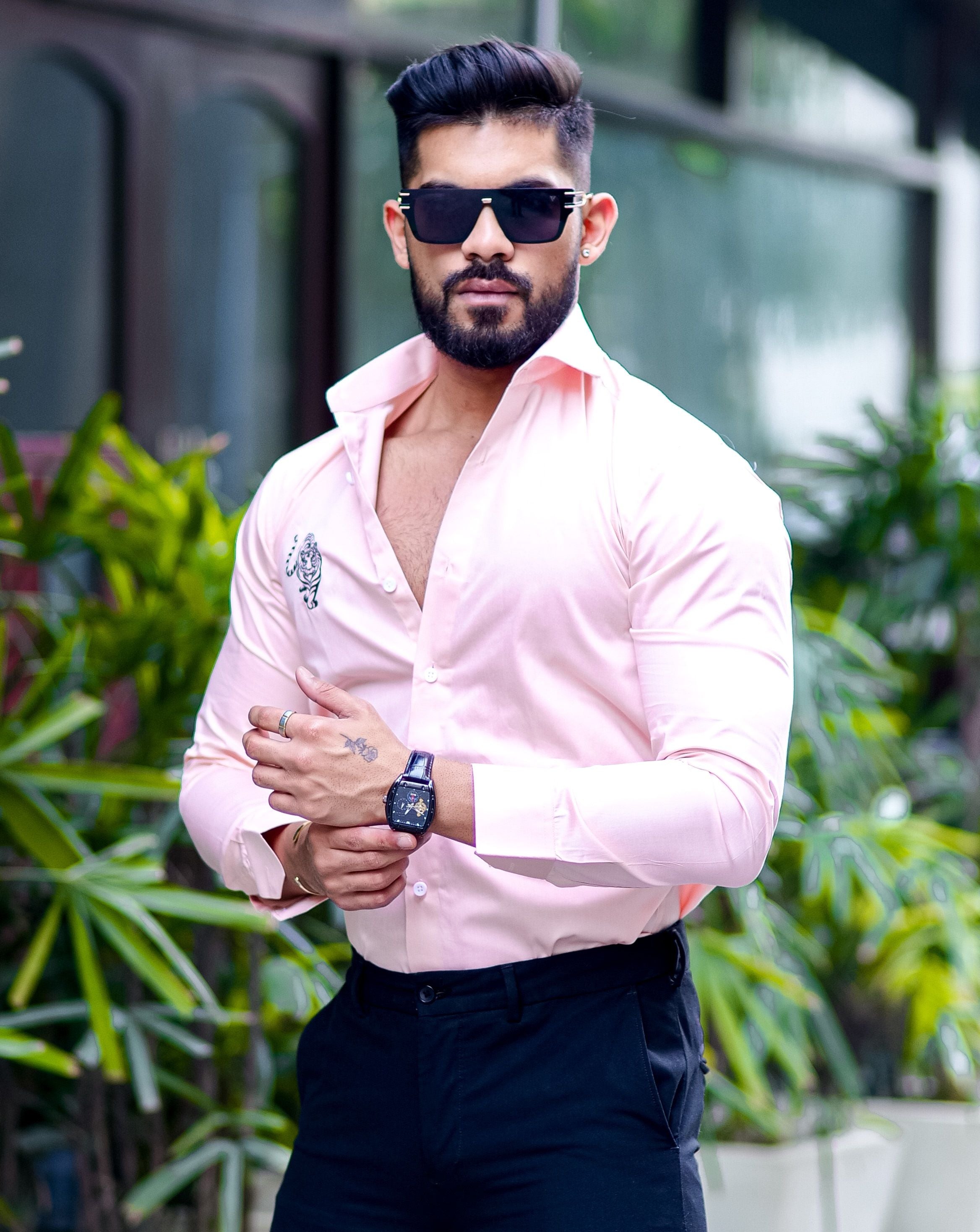 Tiger Embroidered Peach Premium Cotton Shirt For Men's