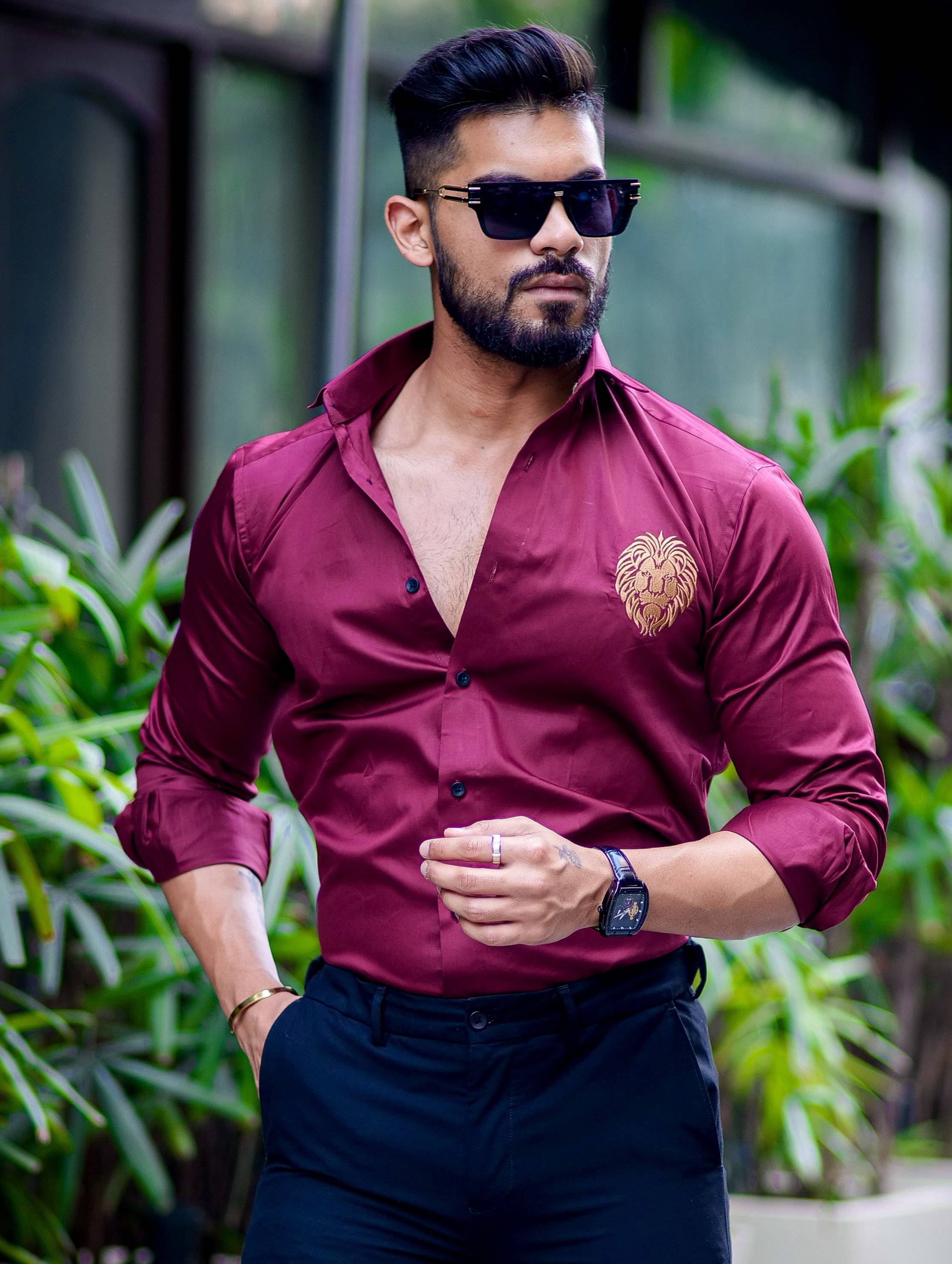Maroon Golden Embroidered Mufasa Luxury Shirt For Men's