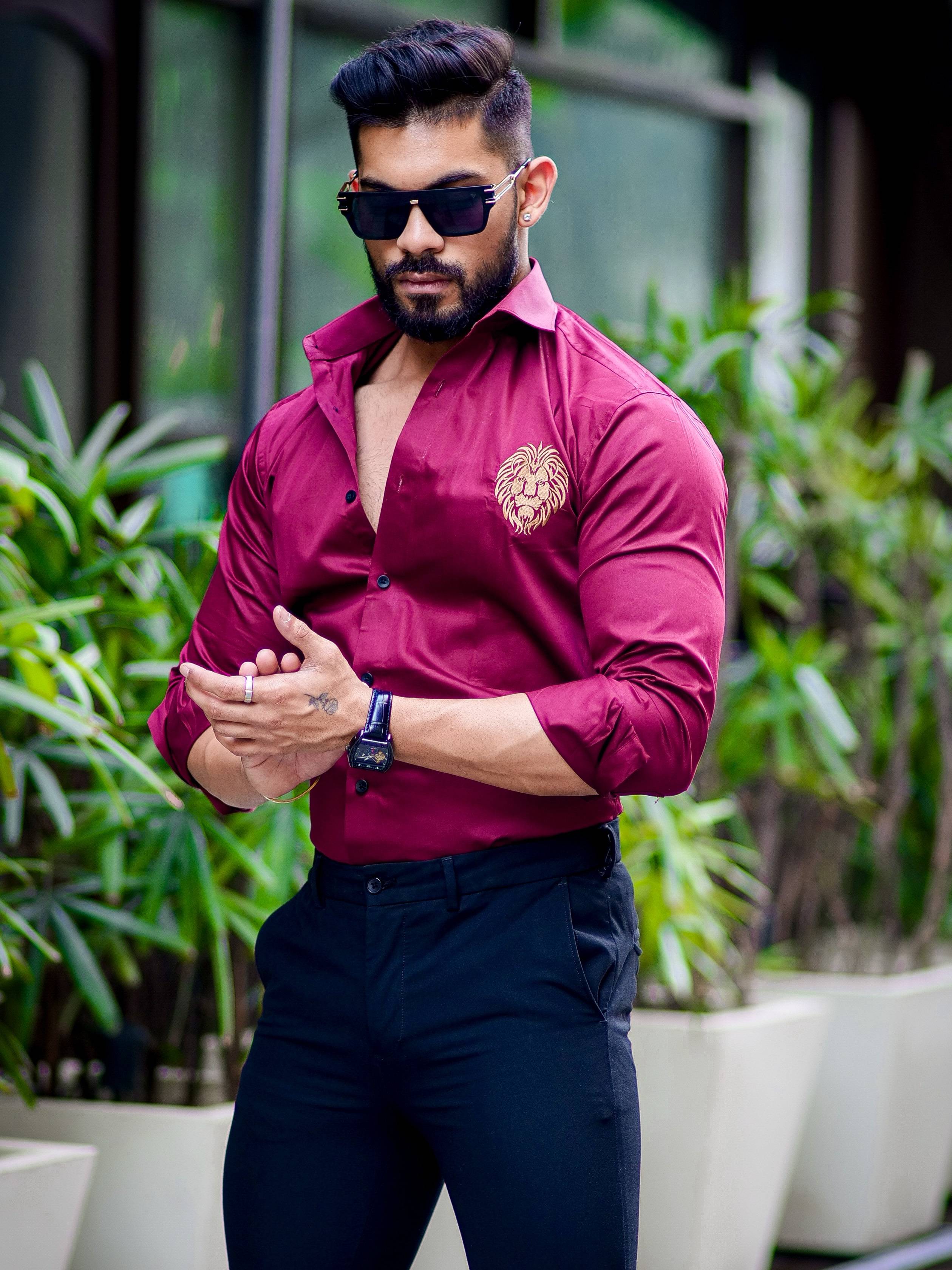 Maroon Golden Embroidered Mufasa Luxury Shirt For Men's